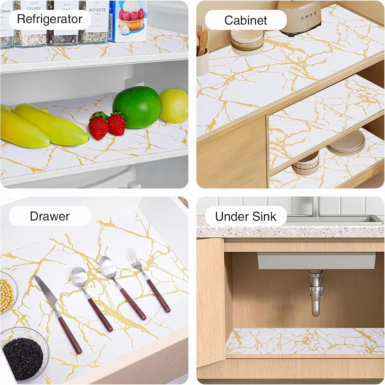 Drawer and Shelf Liner for Kitchen Cabinet,Non-Adhesive Cabinet Liner 12in x 20FT,Waterproof Shelf Paper Non-Slip Mats Cupboard Liners Contact Protect Dresser/Shelves/Table-Gold Marble