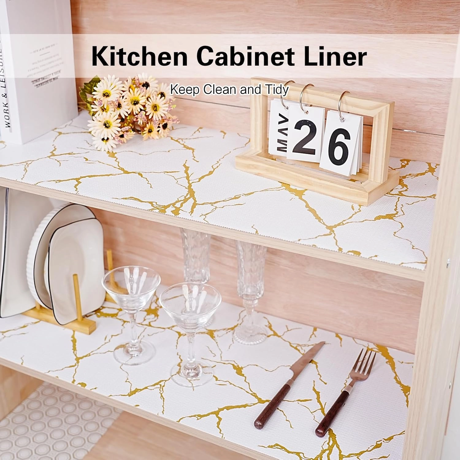 Drawer and Shelf Liner for Kitchen Cabinet,Non-Adhesive Cabinet Liner 12in x 20FT,Waterproof Shelf Paper Non-Slip Mats Cupboard Liners Contact Protect Dresser/Shelves/Table-Gold Marble