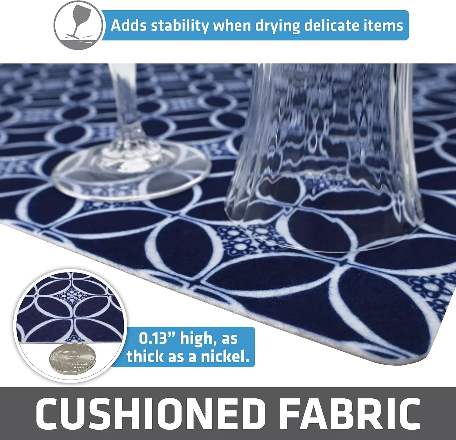 Drymate Premium Luxury Shelf & Drawer Liner, Thick Cushioned Fabric, Non-Adhesive, Absorbent, Waterproof, Slip-Resistant, Liners for Kitchen Cabinets, Cupboards (USA Made)(12”x59”)(2-Pack)(Indigo)