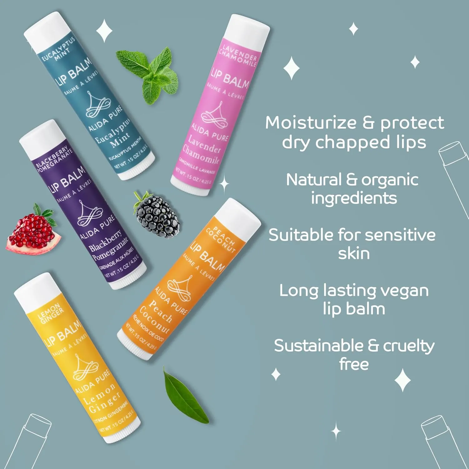 Duet Lip Balm Collection, Vegan Set, Beeswax Free, with Avocado And, Organic Jojoba Oil, and Vitamin E, Natural Moisturizer for Dry, Chapped Lips, 5 Tube Set