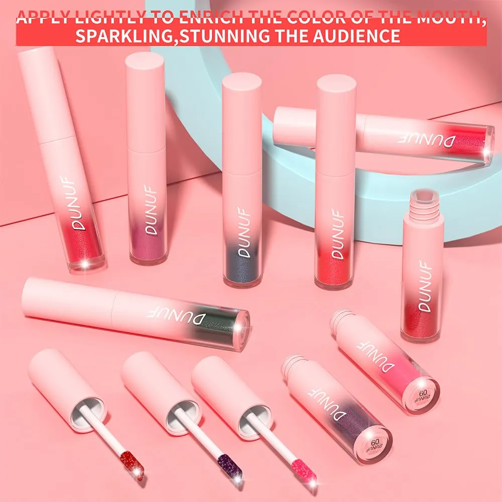 Dulele 12 PCS Diamond Glitter Liquid Lipstick Set, Long Lasting & Non-Stick Cup Metallic Shimmer Matte Full Colour Tinted Lipstick Lip Gloss, Highly Pigmented Shinning Lipstick (Red, M)
