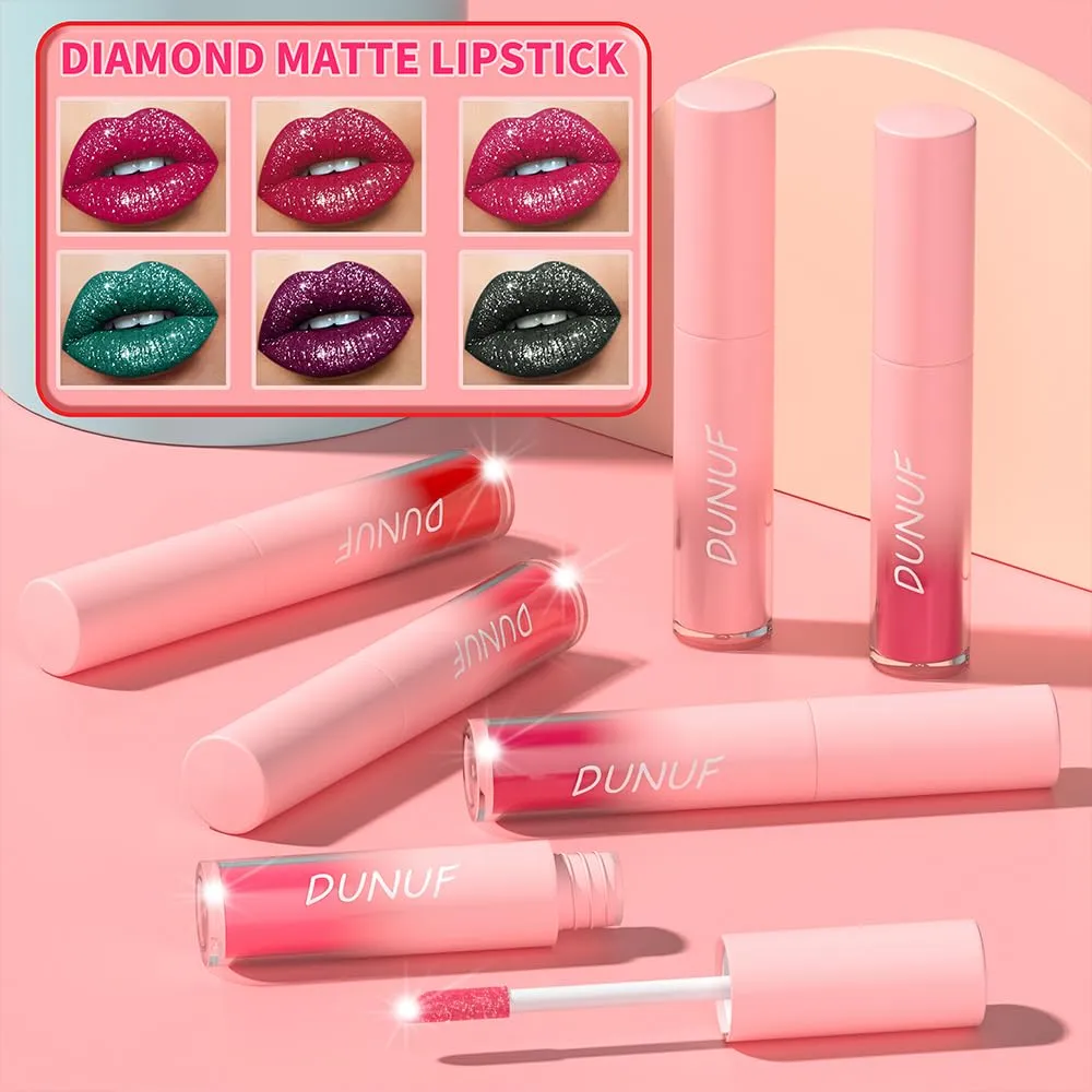 Dulele 12 PCS Diamond Glitter Liquid Lipstick Set, Long Lasting & Non-Stick Cup Metallic Shimmer Matte Full Colour Tinted Lipstick Lip Gloss, Highly Pigmented Shinning Lipstick (Red, M)
