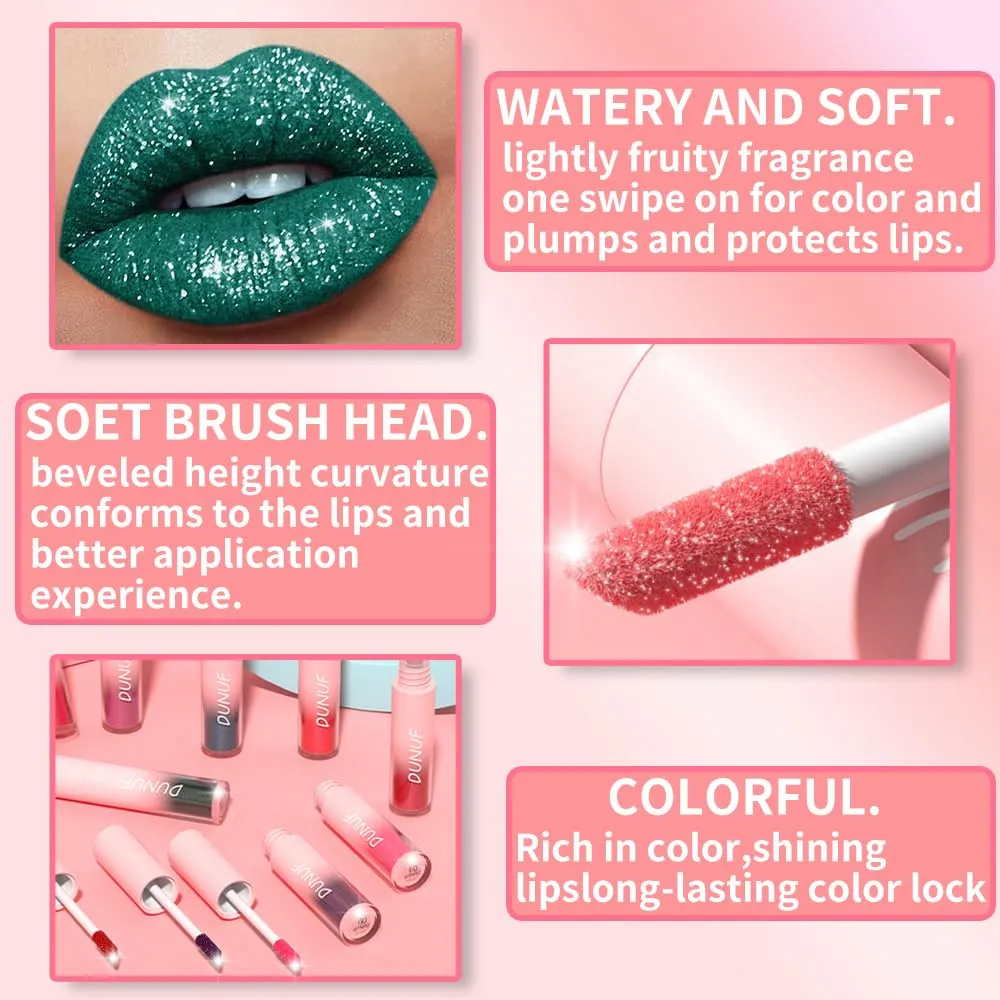 Dulele 12 PCS Diamond Glitter Liquid Lipstick Set, Long Lasting & Non-Stick Cup Metallic Shimmer Matte Full Colour Tinted Lipstick Lip Gloss, Highly Pigmented Shinning Lipstick (Red, M)
