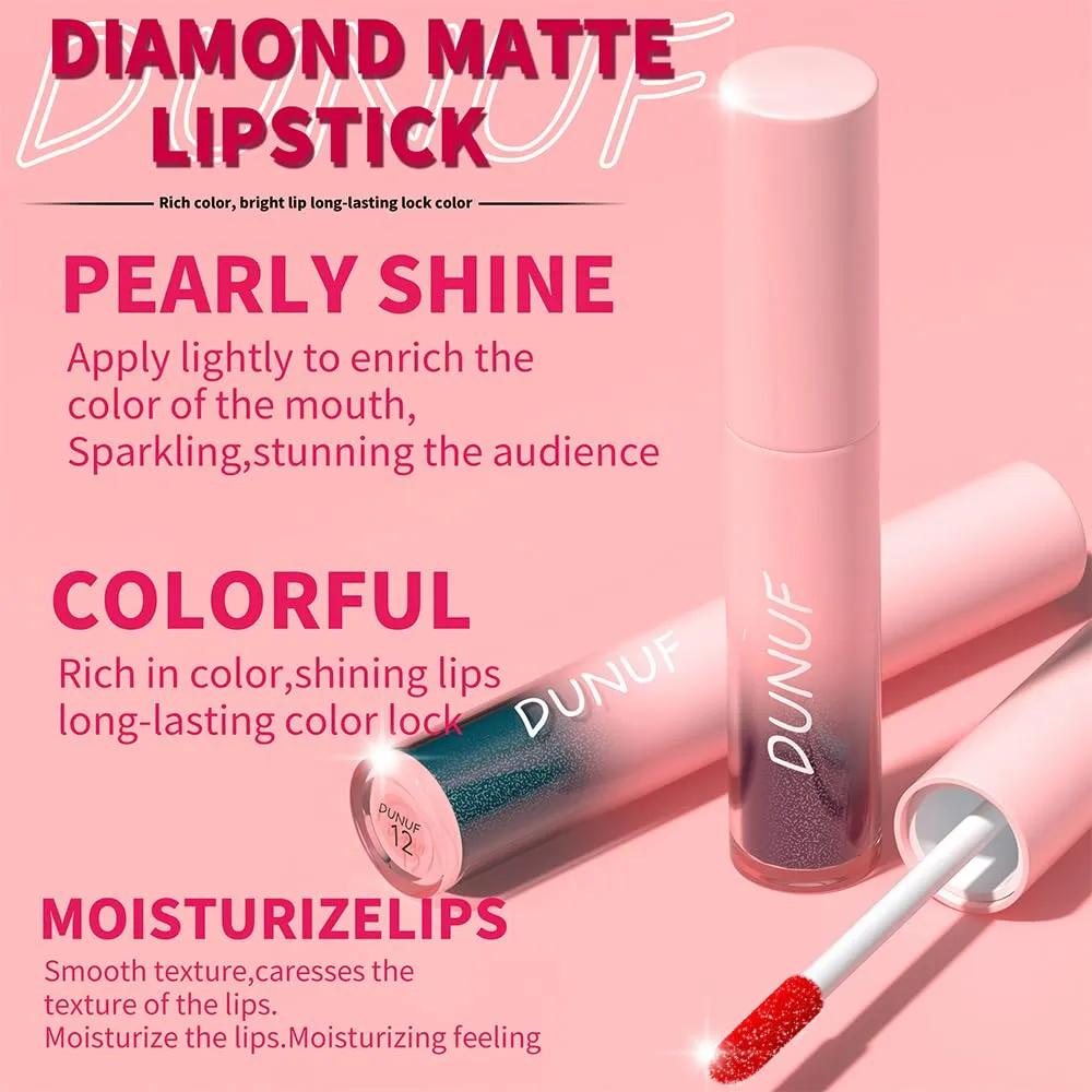 Dulele 12 PCS Diamond Glitter Liquid Lipstick Set, Long Lasting & Non-Stick Cup Metallic Shimmer Matte Full Colour Tinted Lipstick Lip Gloss, Highly Pigmented Shinning Lipstick (Red, M)