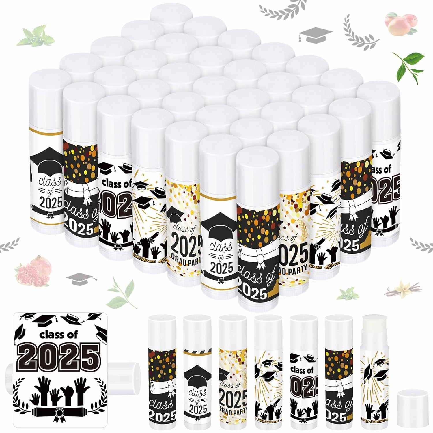 Dunzy 50 Pcs 2025 Graduation Lip Balm Bulk Gifts Graduation Party Favor Class of 2025 Lip Balm for Students High School College Classmates Celebration Party Grad Supplies(Black)