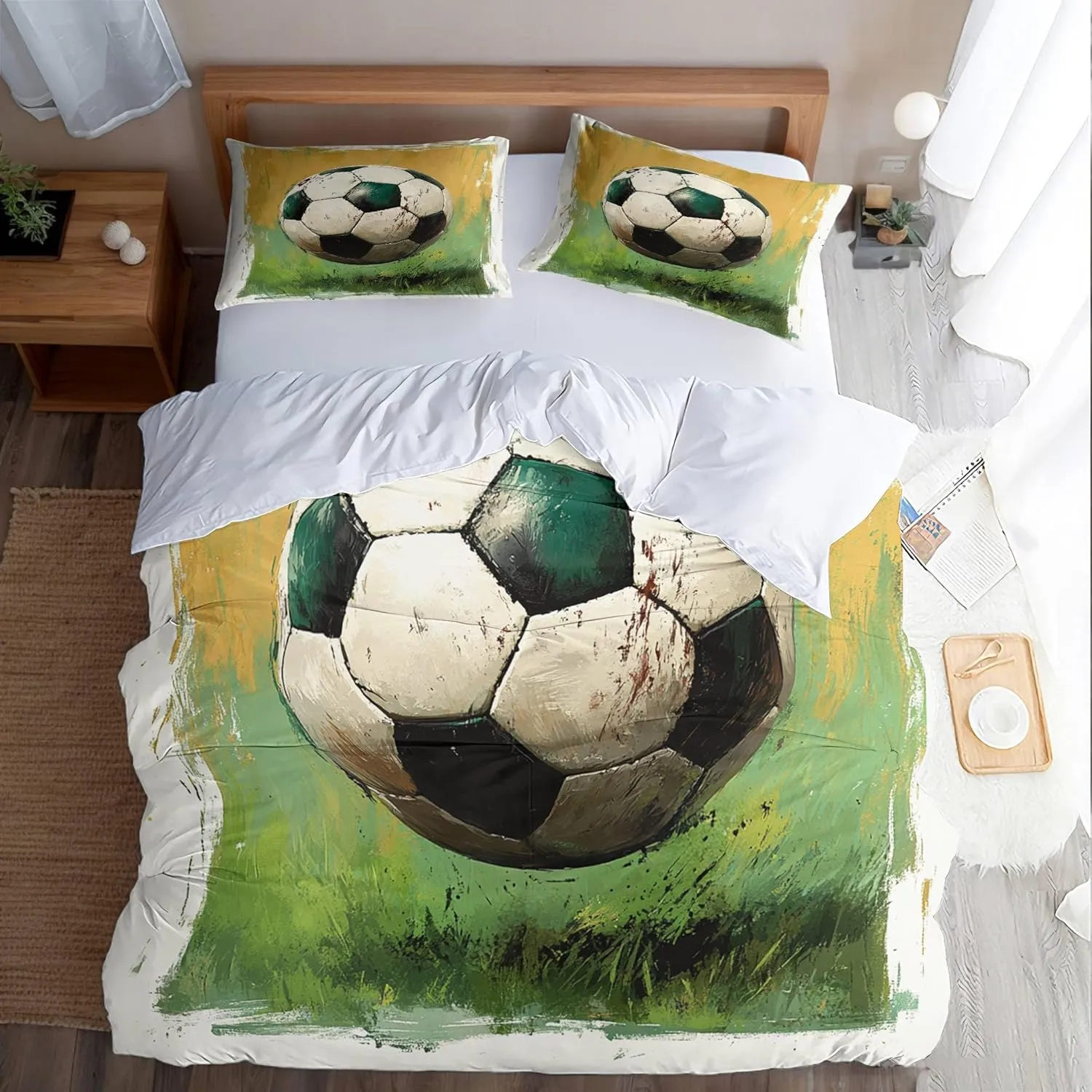 Duvet Cover Sets Oil Painting Queen Size Grassland Football Quilt Cover Polyester Soft Bedding Set Lnvisible Zipper Four Corner Band Bedroom Duvet Covers with Two Pillowcases