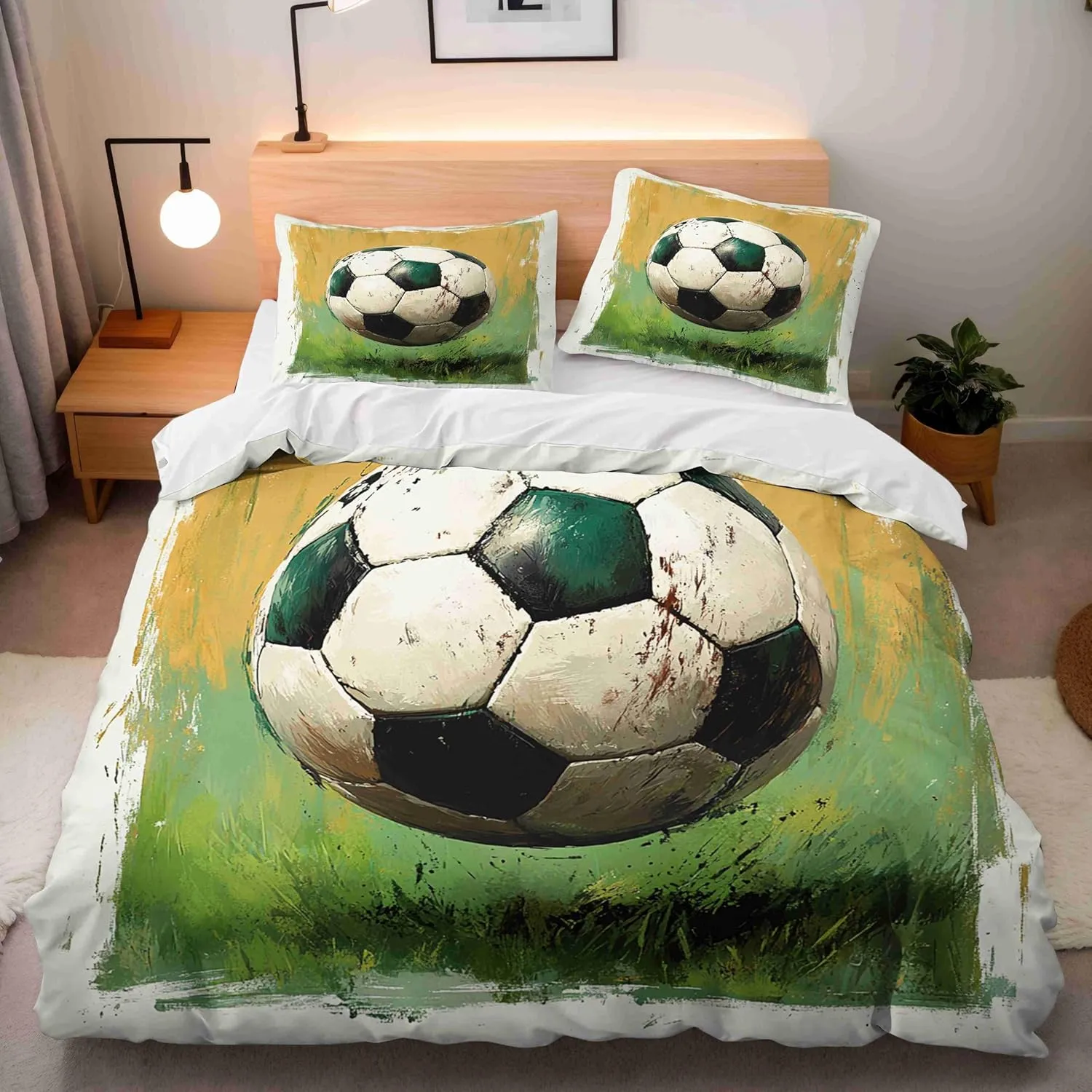 Duvet Cover Sets Oil Painting Queen Size Grassland Football Quilt Cover Polyester Soft Bedding Set Lnvisible Zipper Four Corner Band Bedroom Duvet Covers with Two Pillowcases