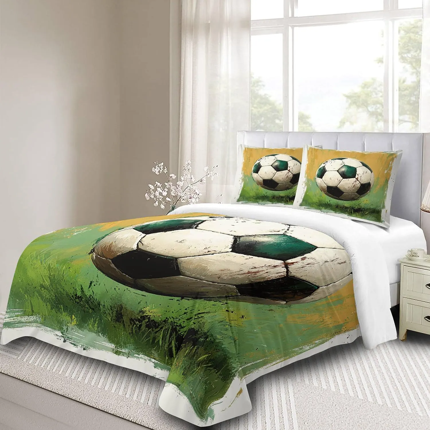 Duvet Cover Sets Oil Painting Queen Size Grassland Football Quilt Cover Polyester Soft Bedding Set Lnvisible Zipper Four Corner Band Bedroom Duvet Covers with Two Pillowcases