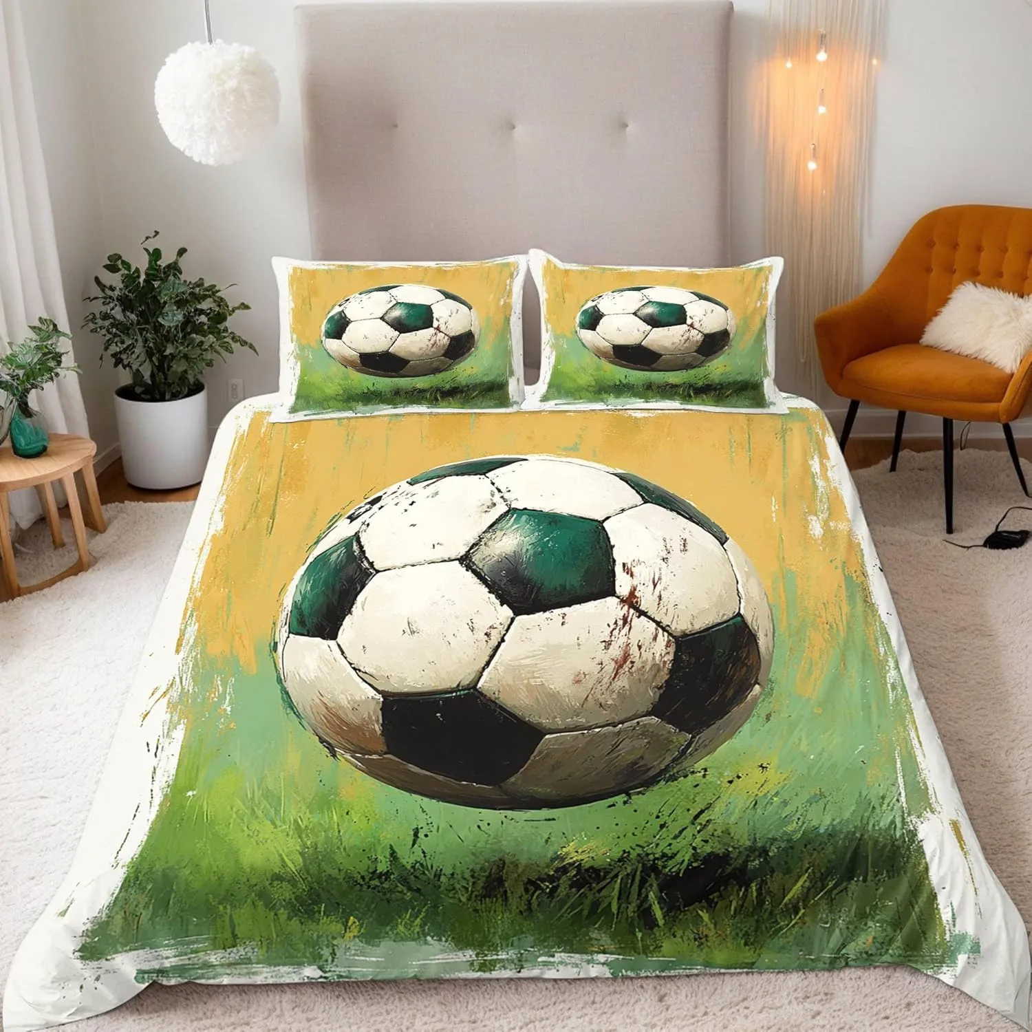 Duvet Cover Sets Oil Painting Queen Size Grassland Football Quilt Cover Polyester Soft Bedding Set Lnvisible Zipper Four Corner Band Bedroom Duvet Covers with Two Pillowcases