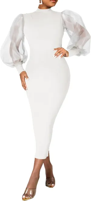Ekaliy Women's See Through Bodycon Dress Sheer Mesh Long Puff Lantern Sleeve Dress Sexy Club Party Midi Dress Clubwear