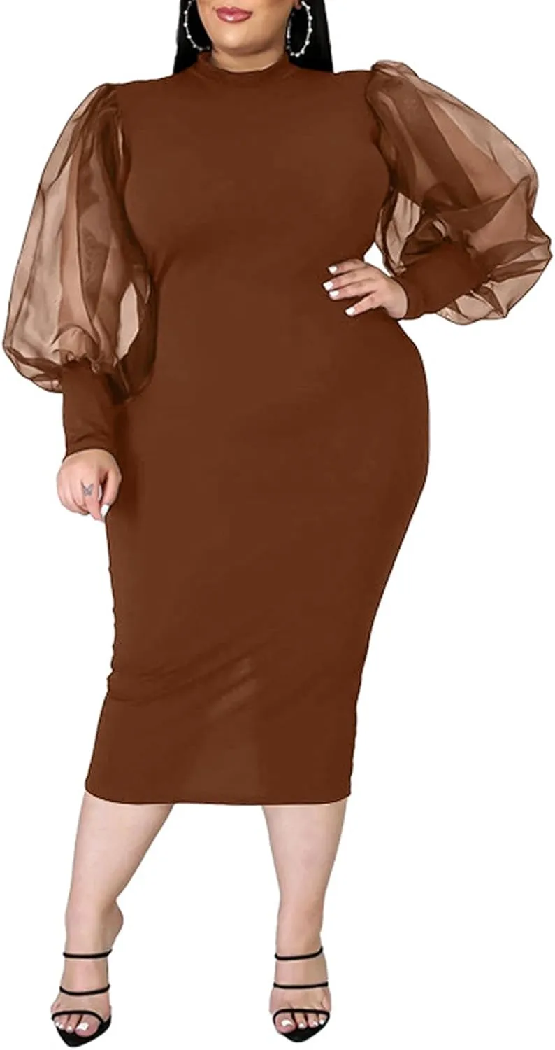 Ekaliy Women's See Through Bodycon Dress Sheer Mesh Long Puff Lantern Sleeve Dress Sexy Club Party Midi Dress Clubwear