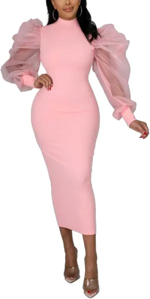 Ekaliy Women's See Through Bodycon Dress Sheer Mesh Long Puff Lantern Sleeve Dress Sexy Club Party Midi Dress Clubwear