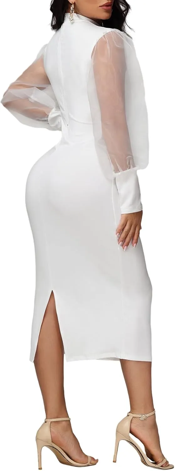 Ekaliy Women's See Through Bodycon Dress Sheer Mesh Long Puff Lantern Sleeve Dress Sexy Club Party Midi Dress Clubwear