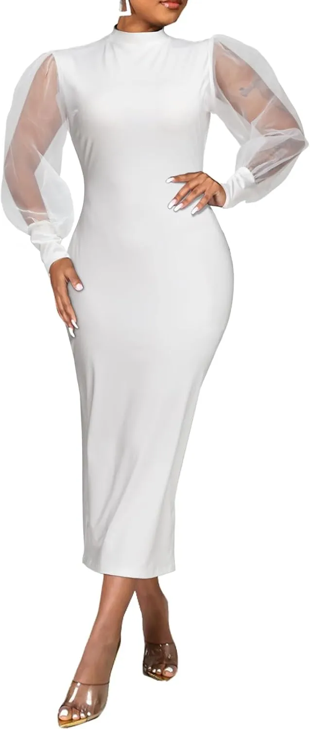 Ekaliy Women's See Through Bodycon Dress Sheer Mesh Long Puff Lantern Sleeve Dress Sexy Club Party Midi Dress Clubwear