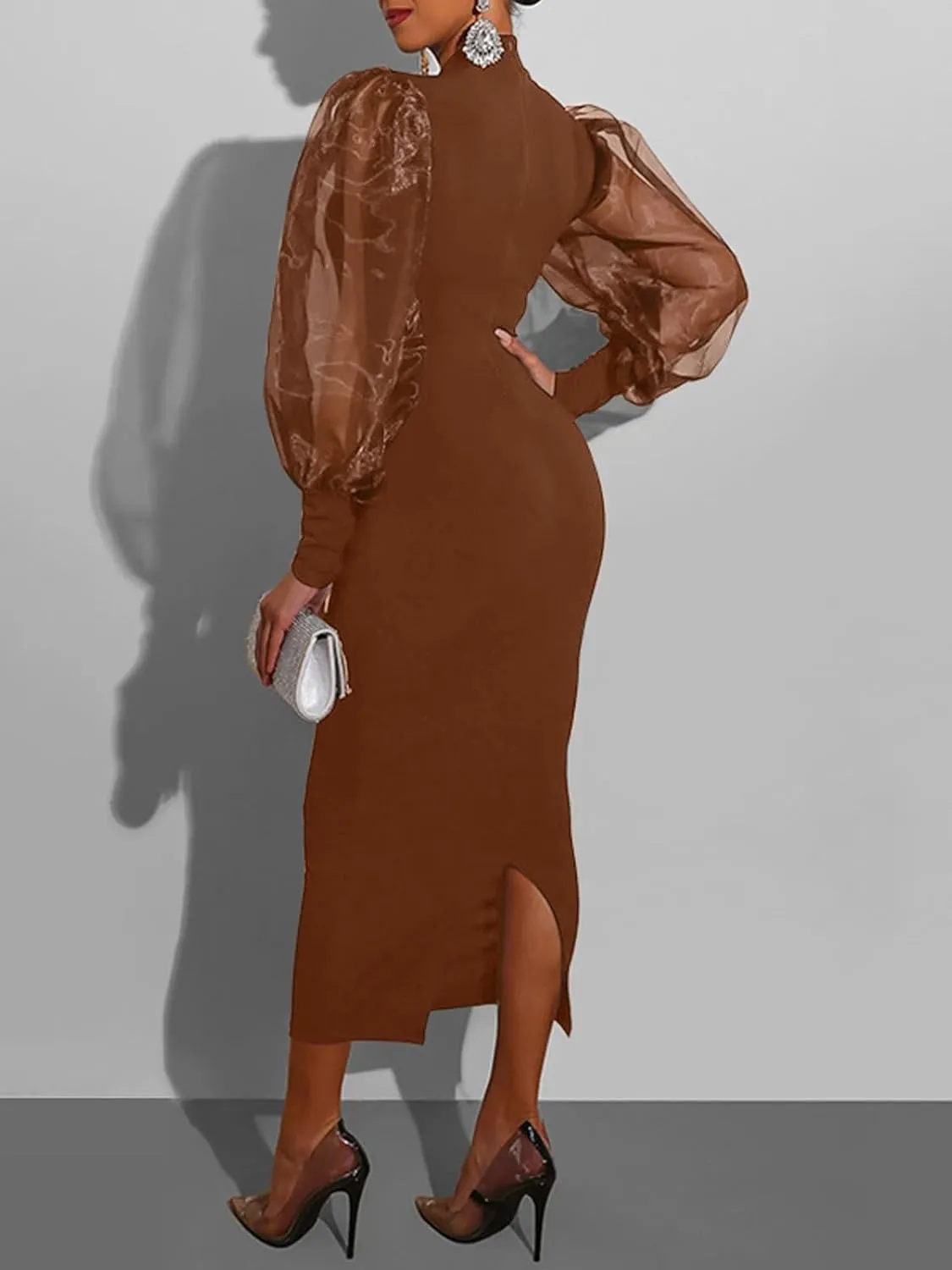 Ekaliy Women's See Through Bodycon Dress Sheer Mesh Long Puff Lantern Sleeve Dress Sexy Club Party Midi Dress Clubwear