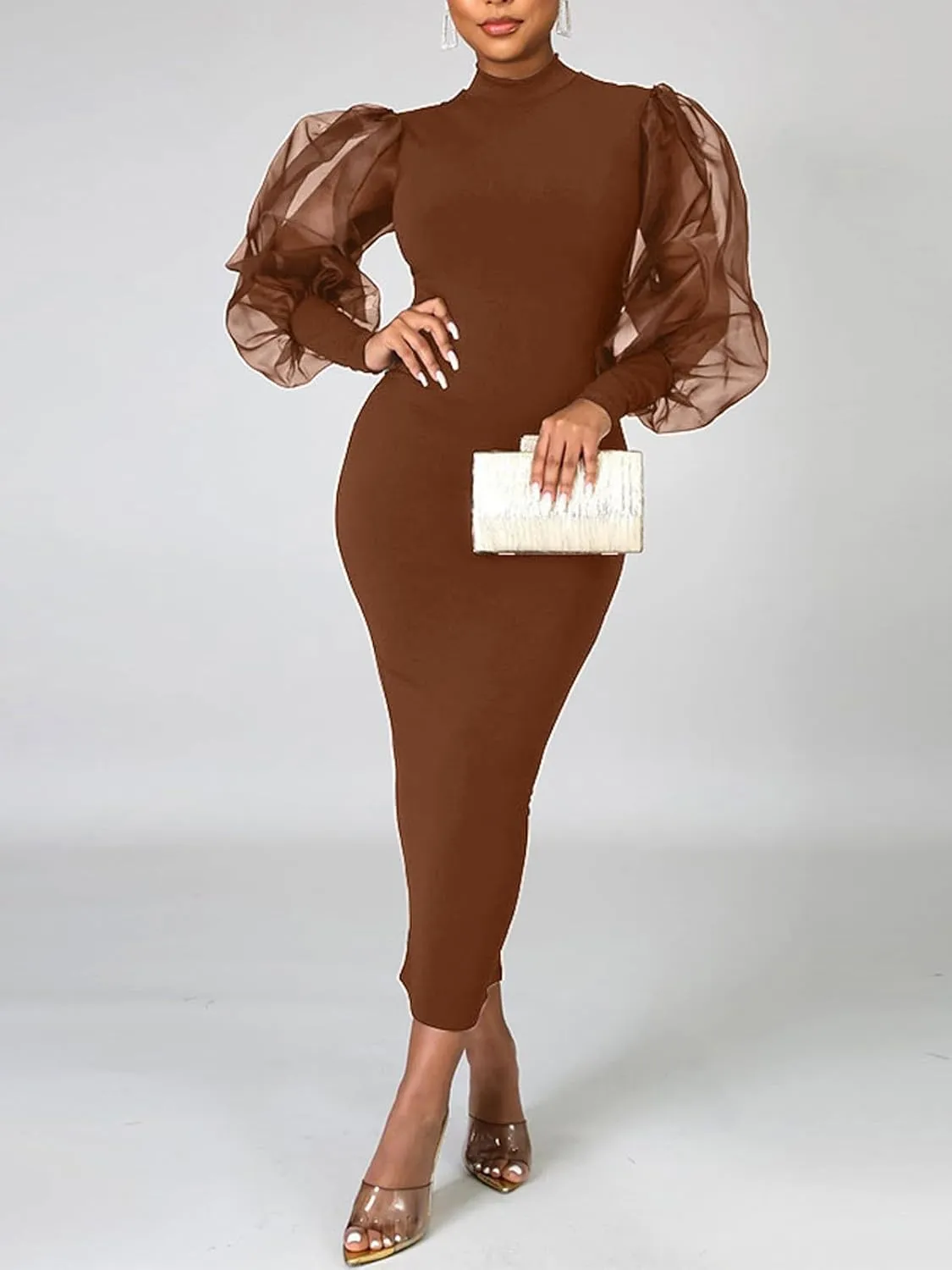 Ekaliy Women's See Through Bodycon Dress Sheer Mesh Long Puff Lantern Sleeve Dress Sexy Club Party Midi Dress Clubwear