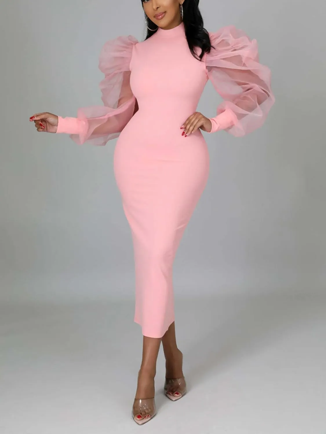 Ekaliy Women's See Through Bodycon Dress Sheer Mesh Long Puff Lantern Sleeve Dress Sexy Club Party Midi Dress Clubwear