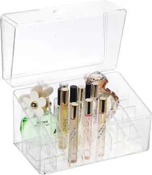 ELLDOO Rollerball Perfume Organizer, 26 Spaces Clear Acrylic Perfume Storage Holder Beauty Scent Holder, Makeup Lipgloss Lipstick Display Case with Lid
