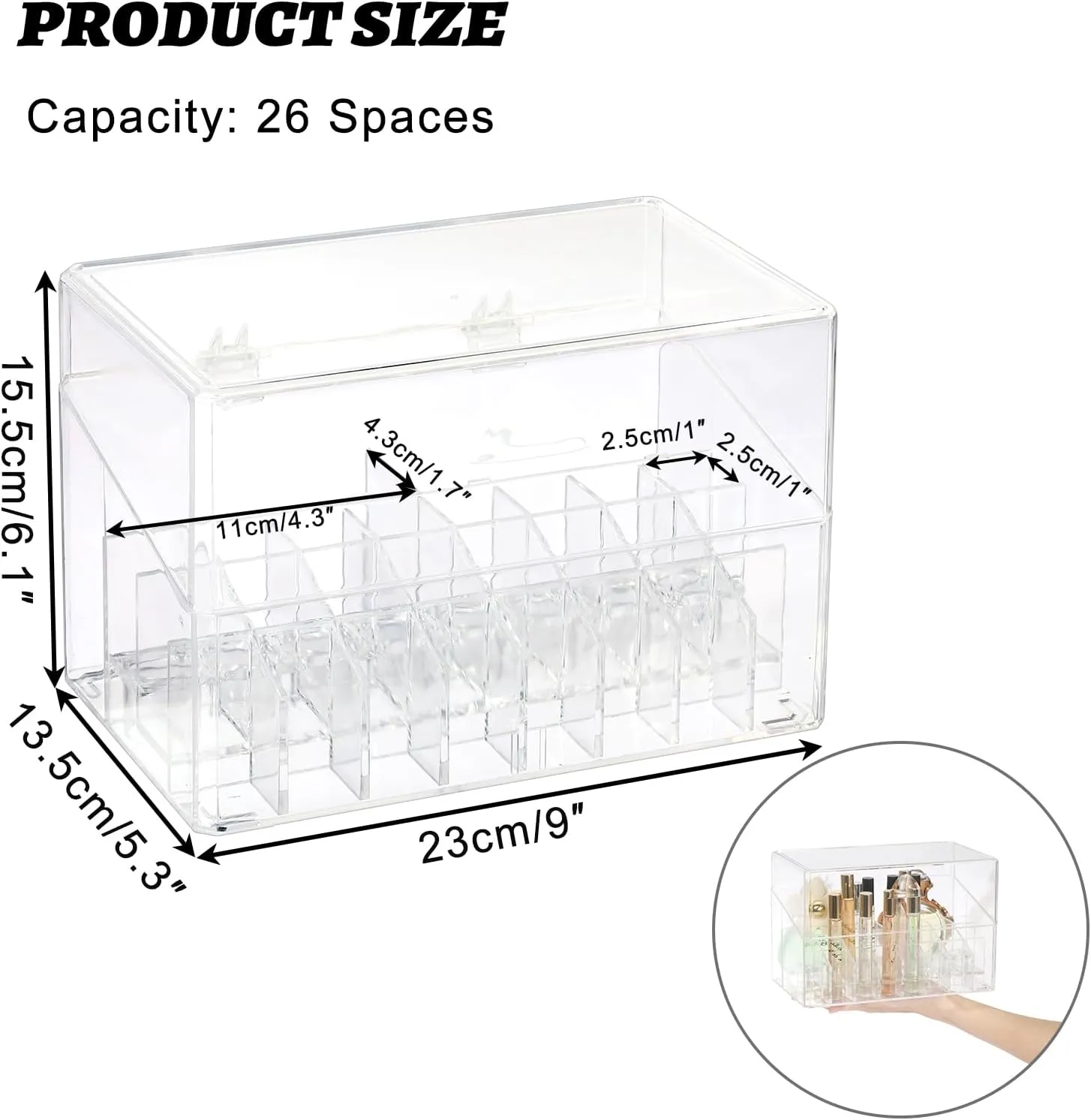 ELLDOO Rollerball Perfume Organizer, 26 Spaces Clear Acrylic Perfume Storage Holder Beauty Scent Holder, Makeup Lipgloss Lipstick Display Case with Lid