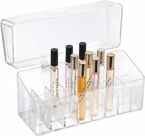 ELLDOO Rollerball Perfume Organizer, 24 Spaces Clear Acrylic Perfume Storage Holder Beauty Scent Holder, Makeup Lipgloss Lipstick Display Case with Lid