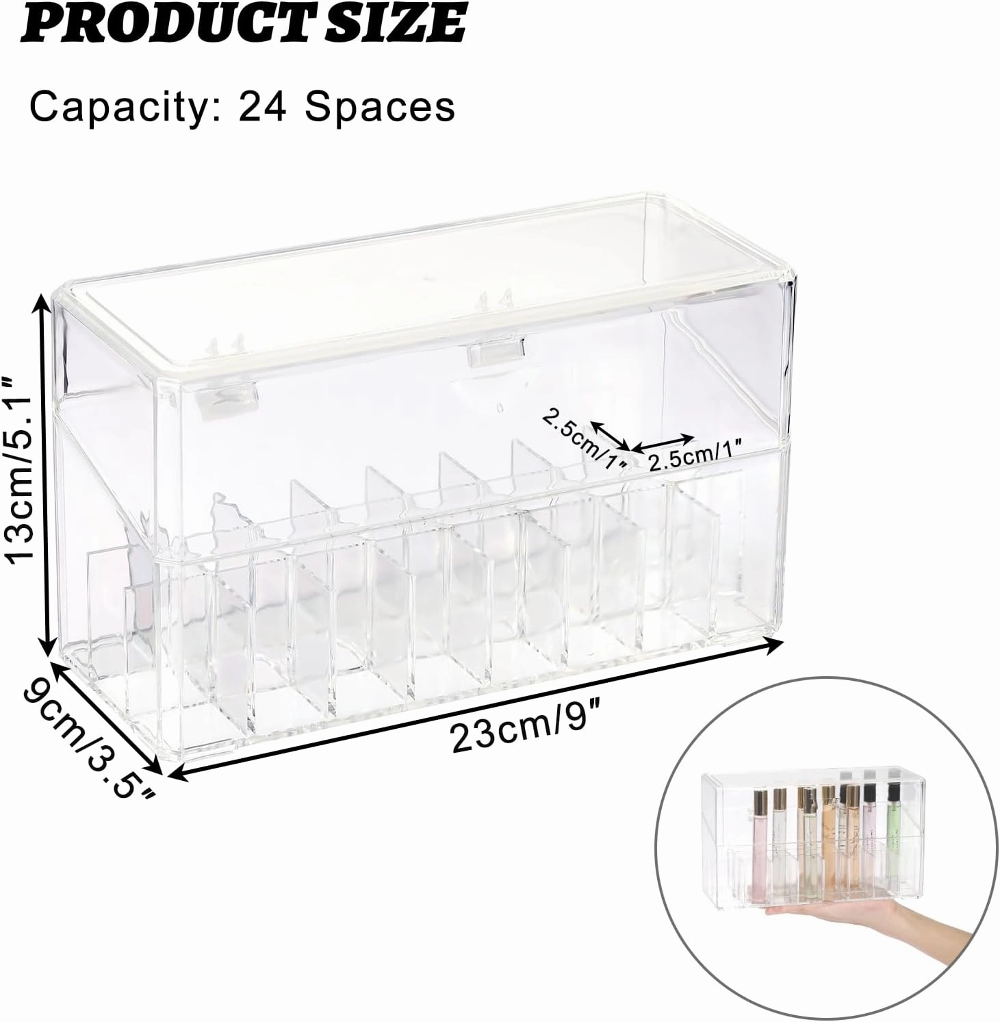 ELLDOO Rollerball Perfume Organizer, 24 Spaces Clear Acrylic Perfume Storage Holder Beauty Scent Holder, Makeup Lipgloss Lipstick Display Case with Lid