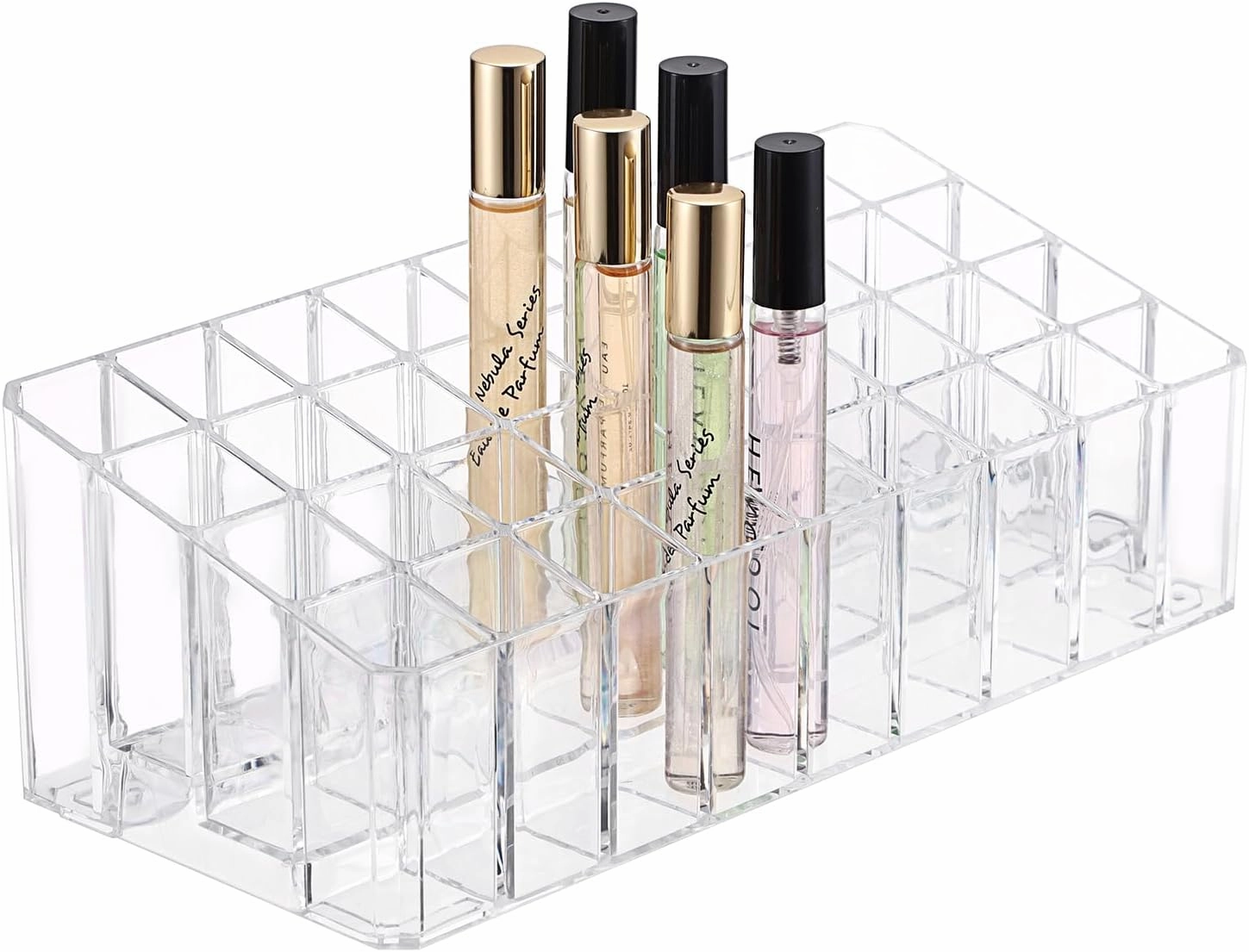 ELLDOO Rollerball Perfume Organizer, 36 Spaces Clear Acrylic Perfume Storage Holder Beauty Scent Holder, Makeup Lipgloss Lipstick Display Case