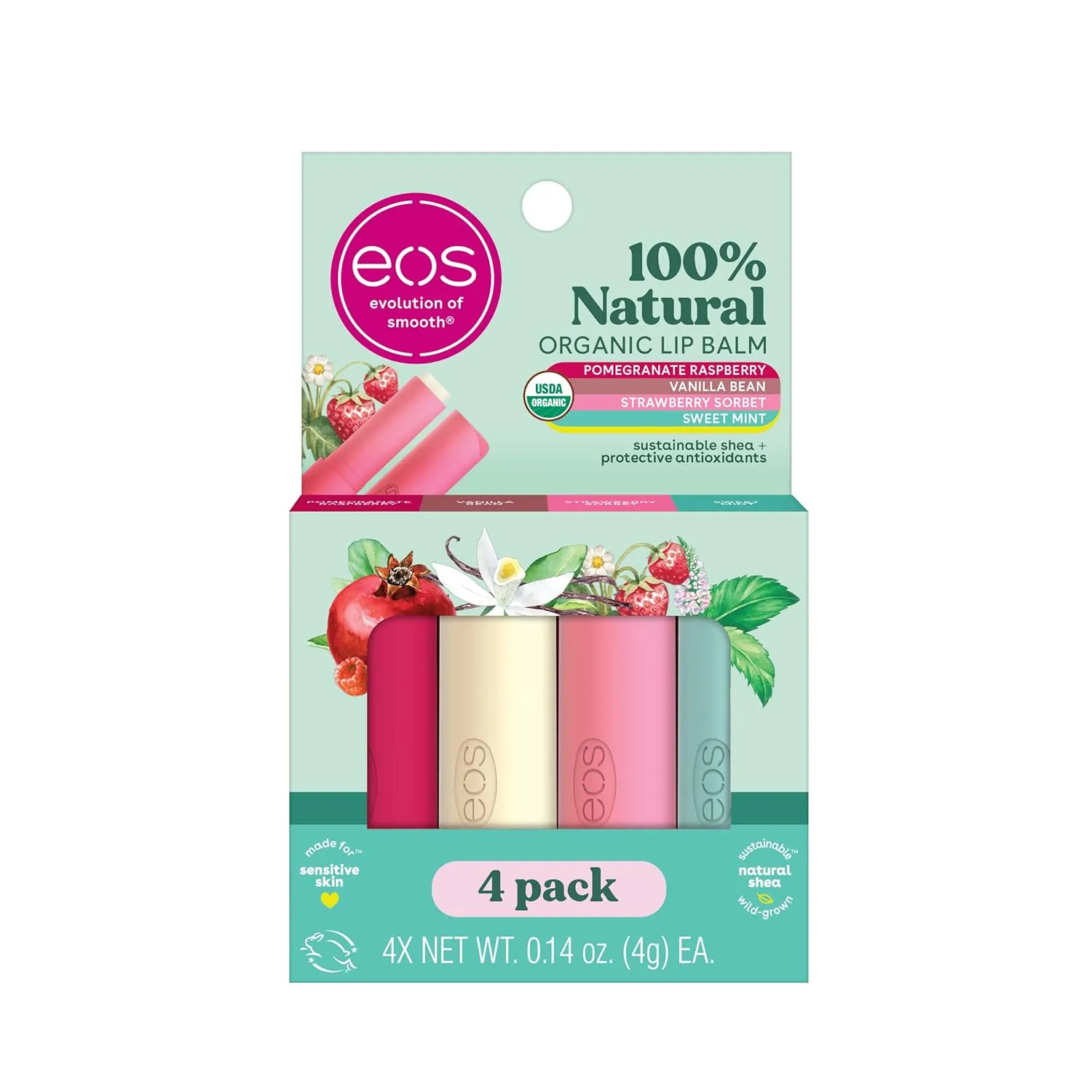 eos 100% Natural & Organic Lip Balm Sticks- Strawberry Sorbet, Vanilla Bean & Shea Better Body Lotion- Vanilla Cashmere, 24-Hour Moisture Skin Care, Lightweight & Non-Greasy