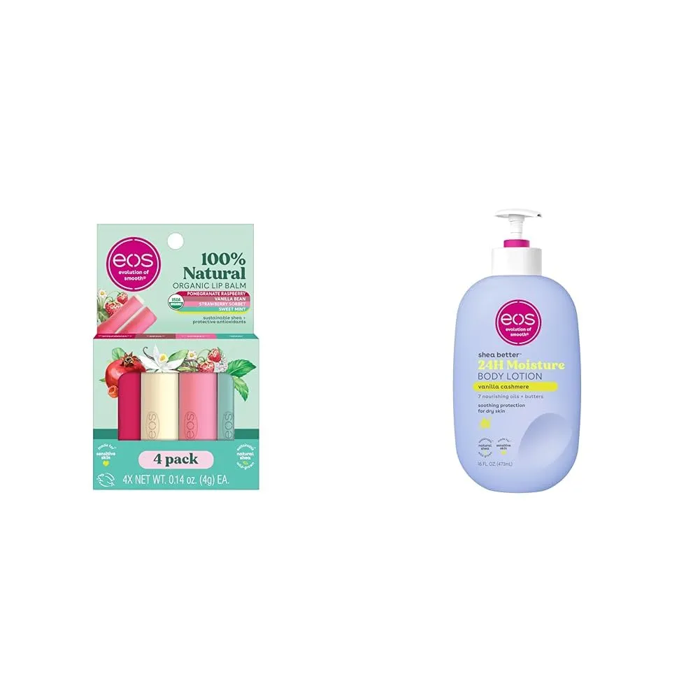 eos 100% Natural & Organic Lip Balm Sticks- Strawberry Sorbet, Vanilla Bean & Shea Better Body Lotion- Vanilla Cashmere, 24-Hour Moisture Skin Care, Lightweight & Non-Greasy