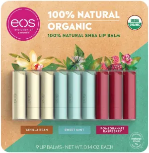 EOS Evolution of Smooth Organic Lip Balm Care Collection, 9 Pack - Vanilla Bean, Sweet Mint, Pomegranate Raspberry - Moisturizing