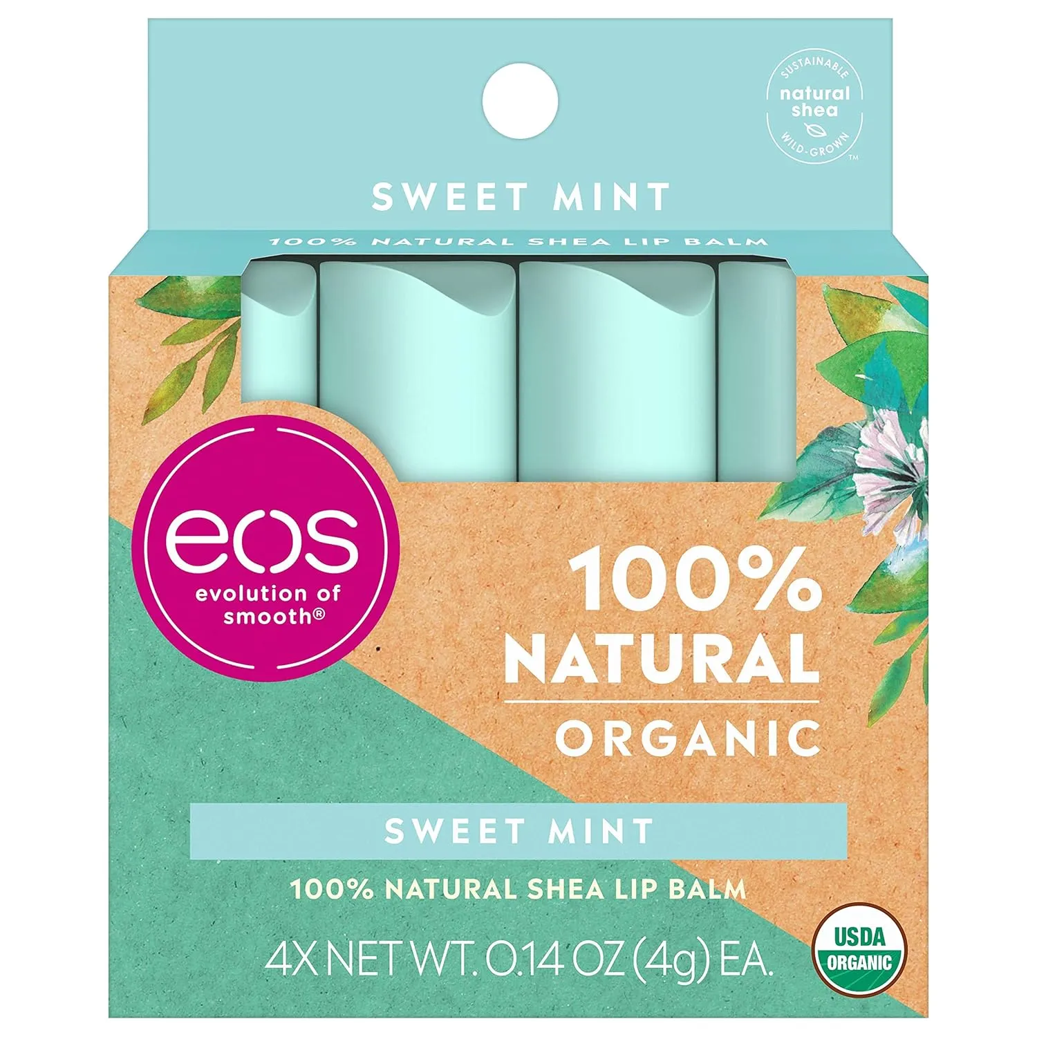 eos USDA Organic Lip Balm - Sweet Mint | Lip Care to Nourish Dry Lips | 100% Natural and Gluten Free | Long Lasting Hydration | 0.14 oz | 4 Pack