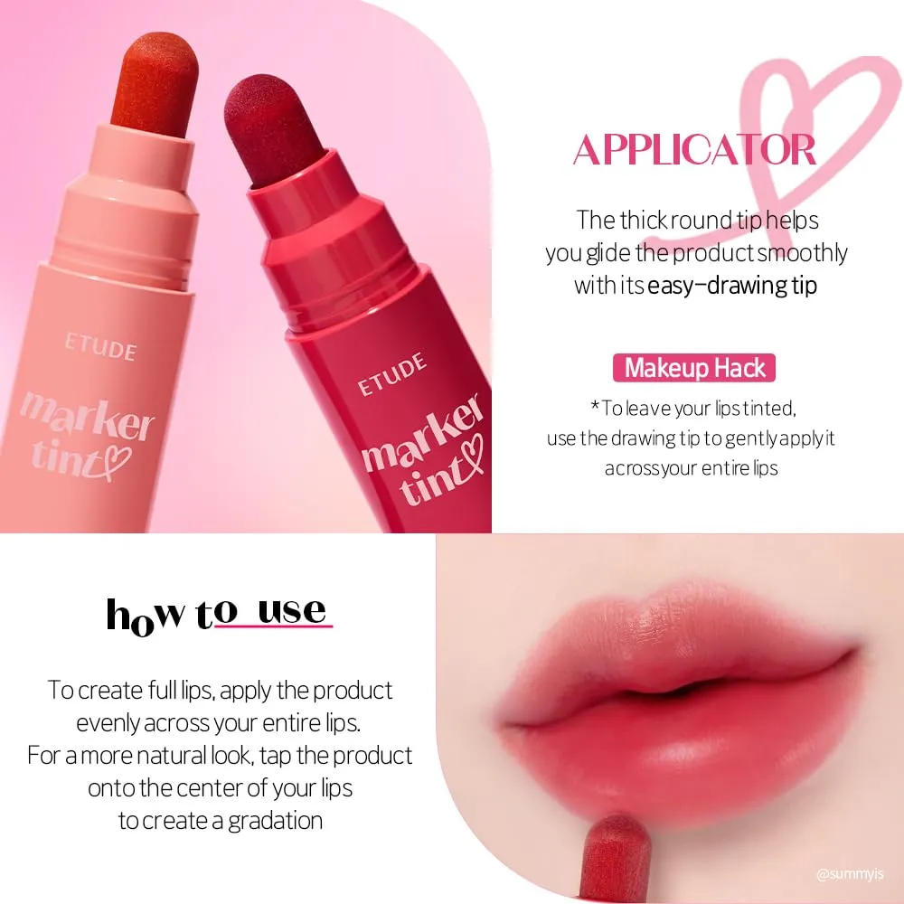ETUDE Dear Darling Marker Tint #4 Mlik Strawberry (5g) | Hydrating & Long Lasting Lip Stain | High Pigmented Lip Maker with Easy Drawing Tip | Korean Lip Tint, Korean Makeup, Kbeauty