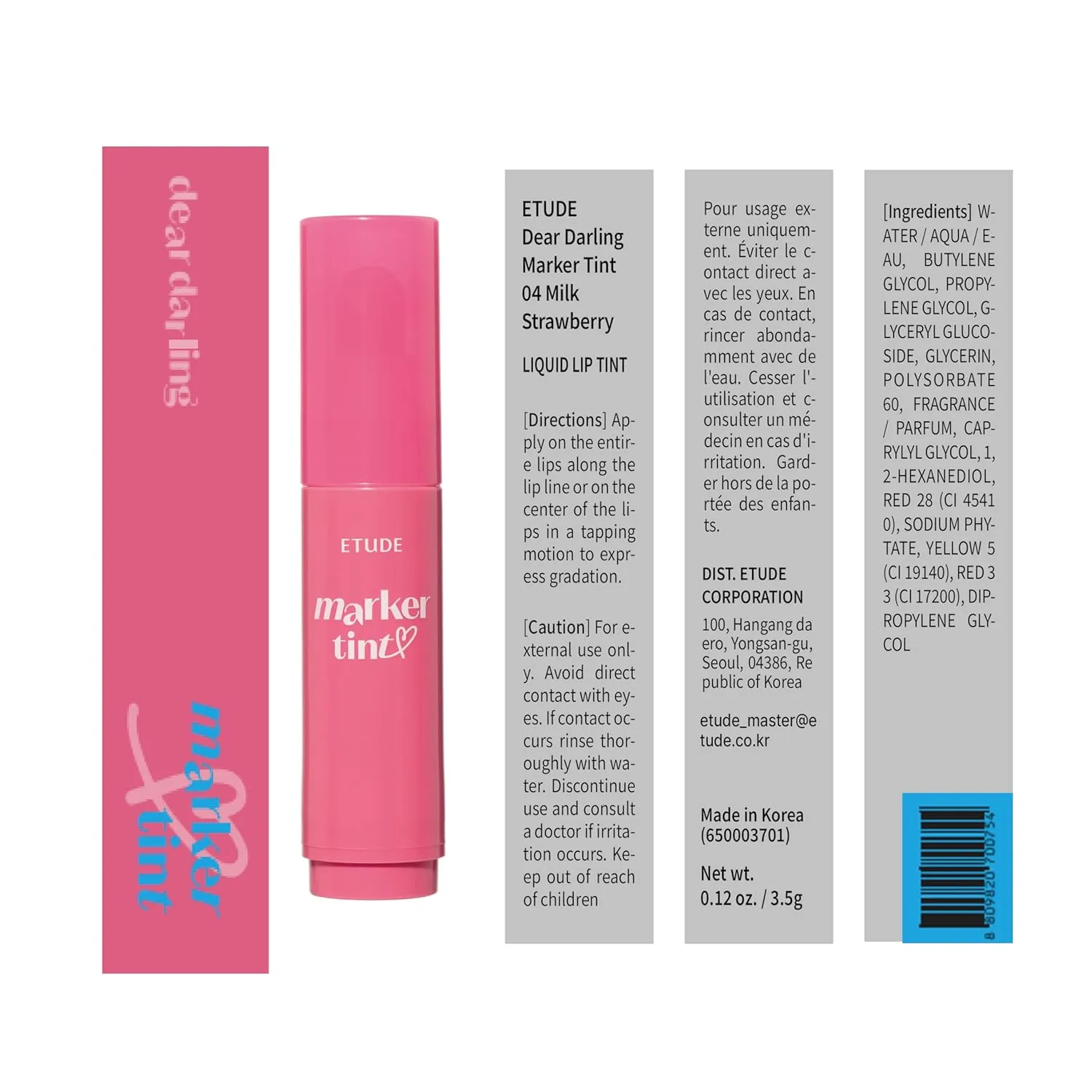 ETUDE Dear Darling Marker Tint #4 Mlik Strawberry (5g) | Hydrating & Long Lasting Lip Stain | High Pigmented Lip Maker with Easy Drawing Tip | Korean Lip Tint, Korean Makeup, Kbeauty