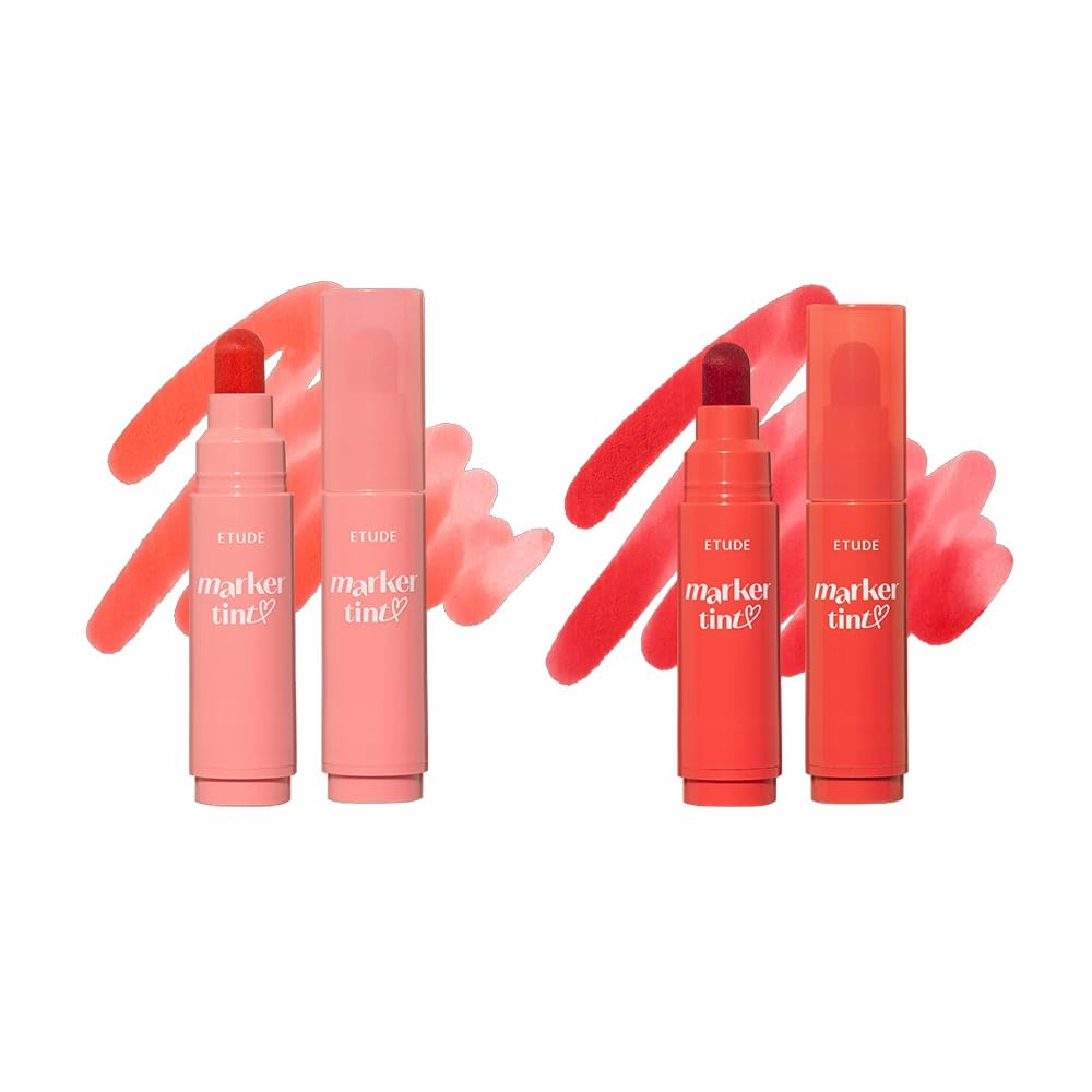 ETUDE Dear Darling Marker Tint - Pink Tangerine   Apple Candy | Hydrating & Long Lasting Lip Stain | High Pigmented Lip Maker with Easy Drawing Tip (2 pcs)