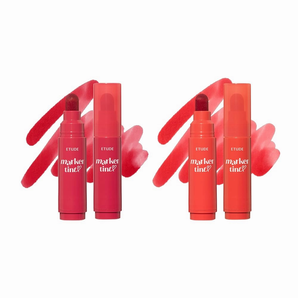 ETUDE Dear Darling Marker Tint - Raspberry Pop Apple Candy | Hydrating & Long Lasting Lip Stain | High Pigmented Lip Maker with Easy Drawing Tip (2 pcs)