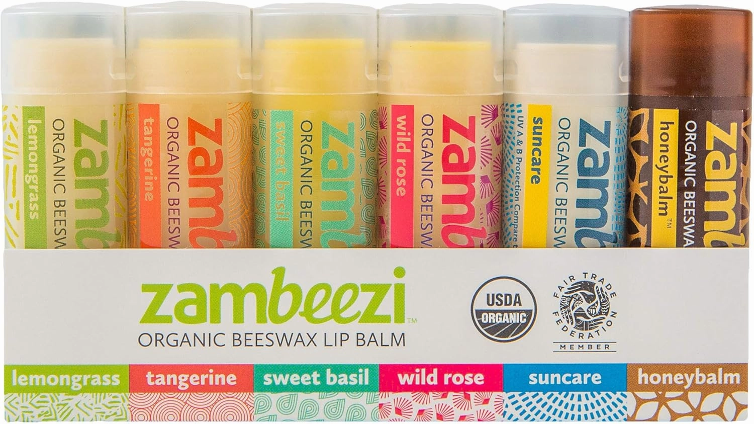Fair Trade, Organic Beeswax Lip Balm - Variety 6 Pack (Lemongrass, Tangerine, Wild Rose, Sweet Basil, Suncare and Honeybalm) - Ethically Sourced