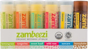 Fair Trade, Organic Beeswax Lip Balm - Variety 6 Pack (Lemongrass, Tangerine, Wild Rose, Sweet Basil, Suncare and Honeybalm) - Ethically Sourced