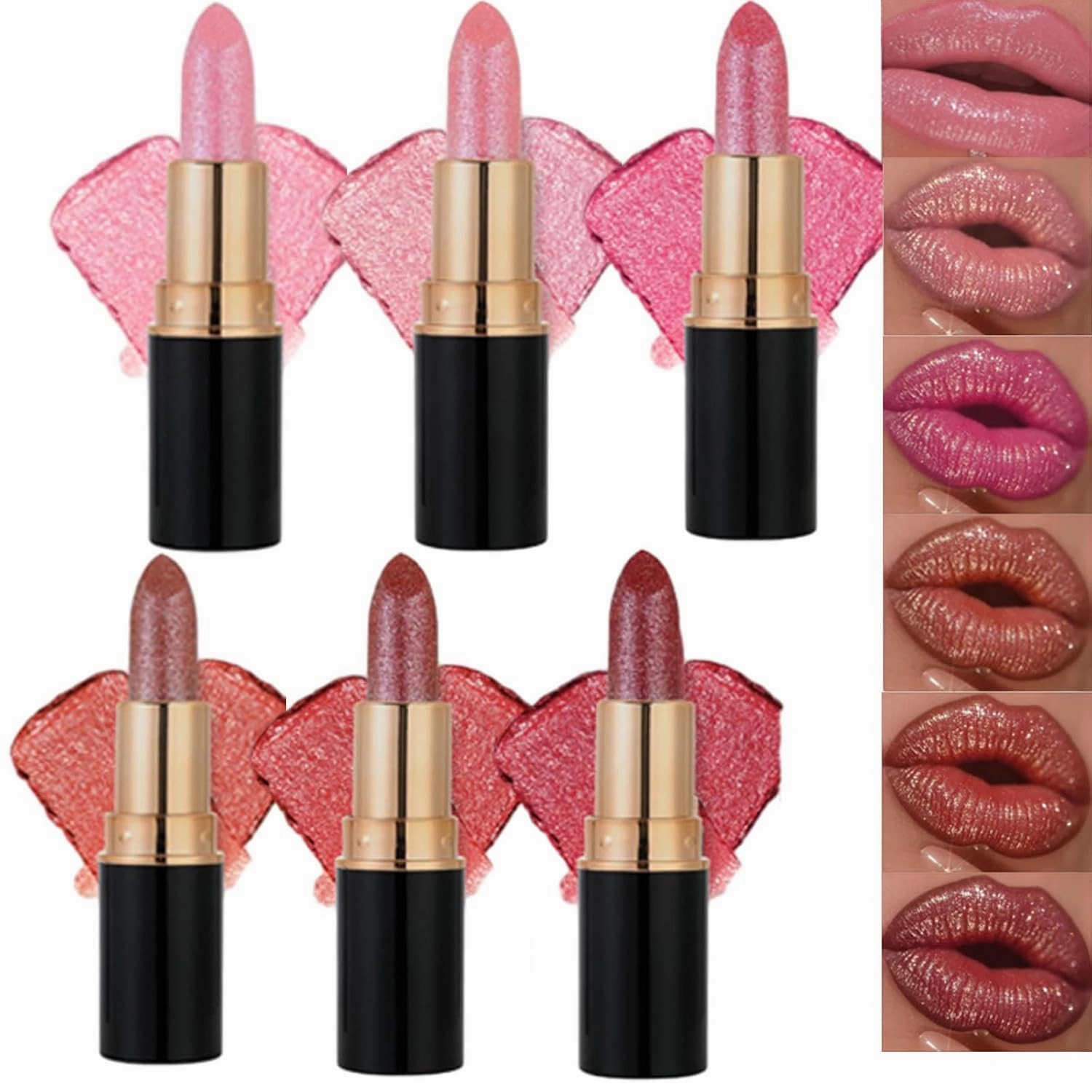 Familiarn Diamond Lip Gloss Glitter Lipstick Waterproof, Diamond Lip Gloss Glitter Lipstick Waterproof, Shiny Matte (6Pcs, #)
