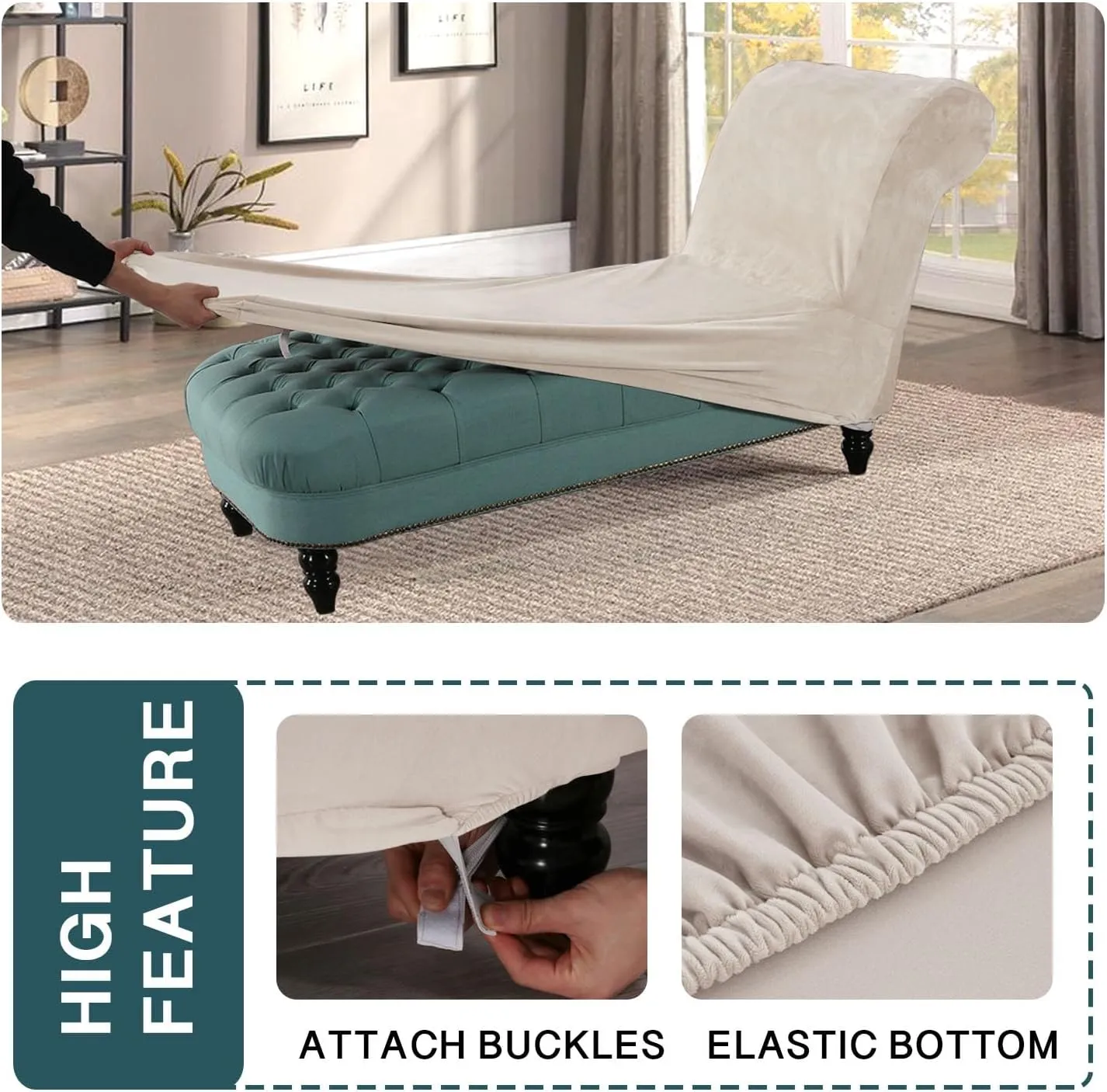 FantasDecor Chaise Lounge Velvet Luxury Covers for Living Room Indoor Stretch Slipcover for Chaise Lounge Ultra Soft Machine Washable, Ivory