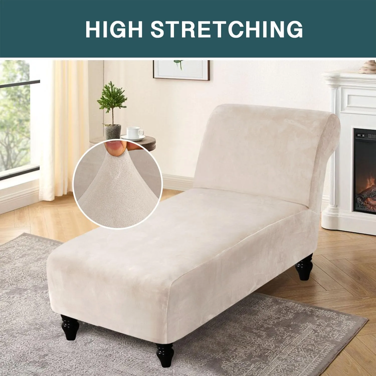 FantasDecor Chaise Lounge Velvet Luxury Covers for Living Room Indoor Stretch Slipcover for Chaise Lounge Ultra Soft Machine Washable, Ivory