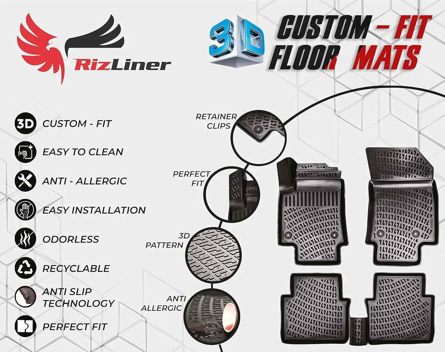 Fiat 500 & 500C 2011-2019 Floor Mats Custom Fit Rubber 3D Car Mats Laser Measured Floor Liners All Weather Heavy Duty Waterproof Odorless Non-Slip TPE (Front & Rear, Black)
