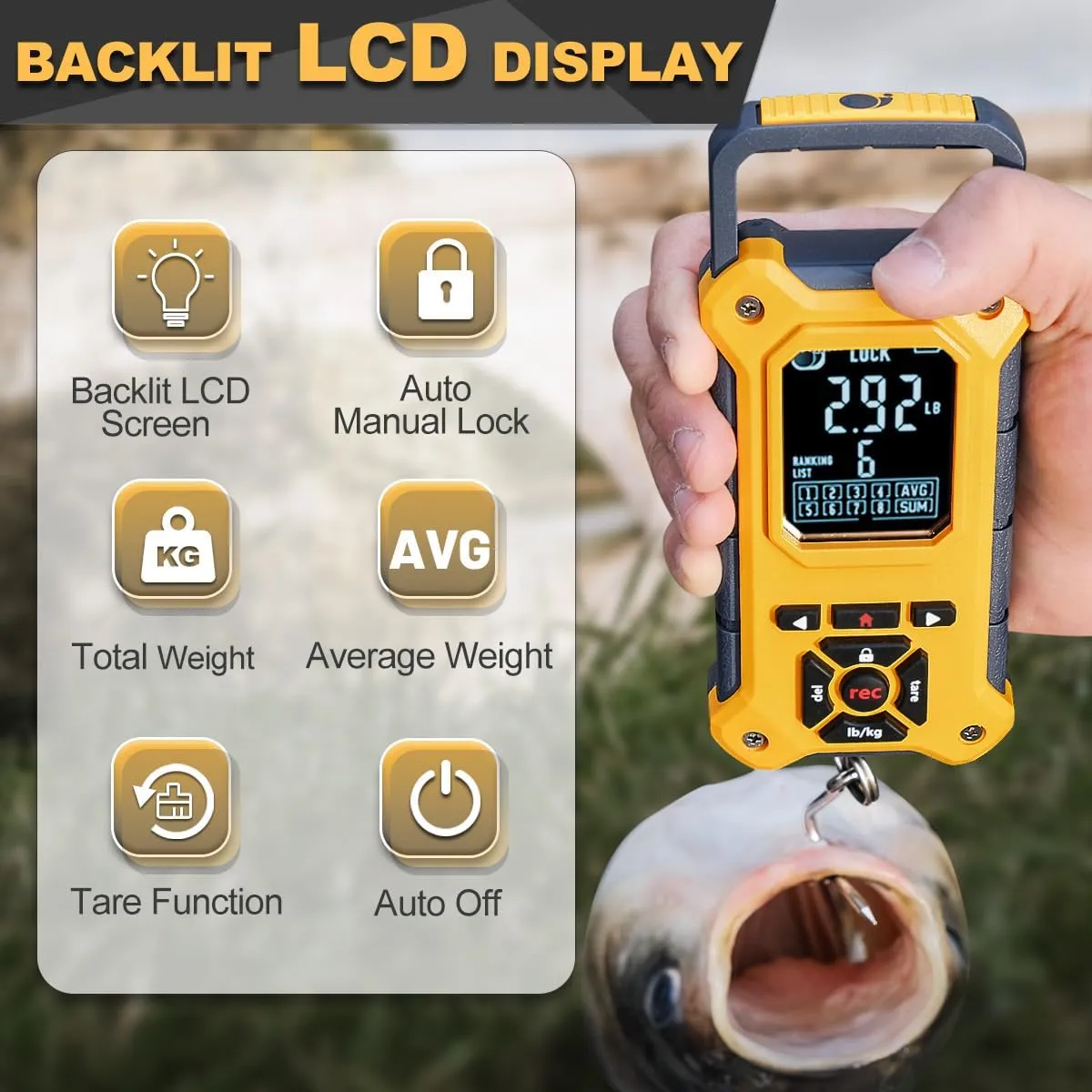 Fish Scale with Lip Gripper, 50 lbs Tournament Bass Scale with 8 Storage Bins, Digital Fishing Weight Scale with Hook & Clamp, High Contrast Hanging Weigher for Boat, Fishing Gifts for Men