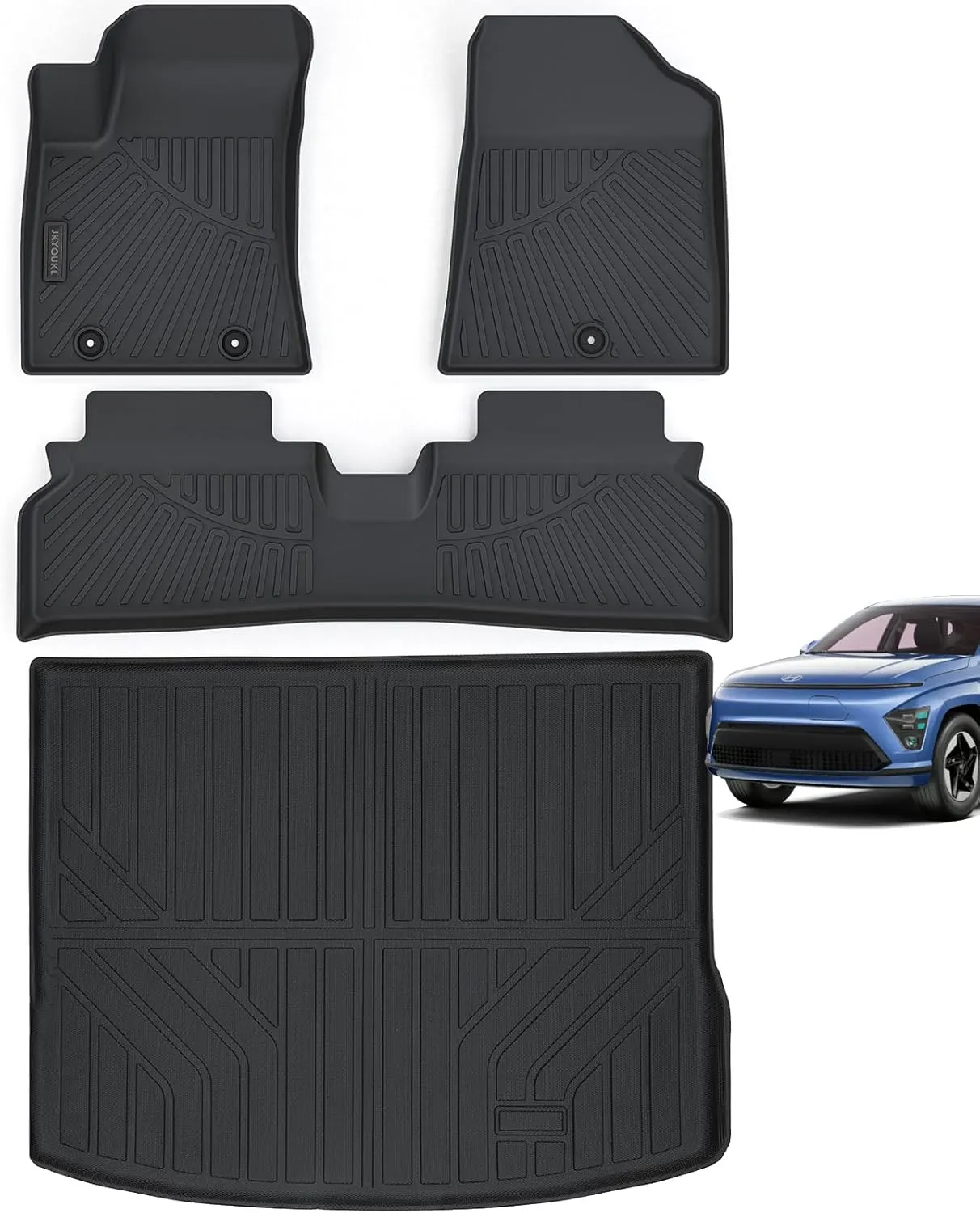 Floor Mats & Cargo Liners Compatible for 2024 Hyundai Kona Electric（Not Suitable for Fuel Version） TPE All Weather 2 Row Floor Liners and Trunk Mat Mats Accessories-Black.