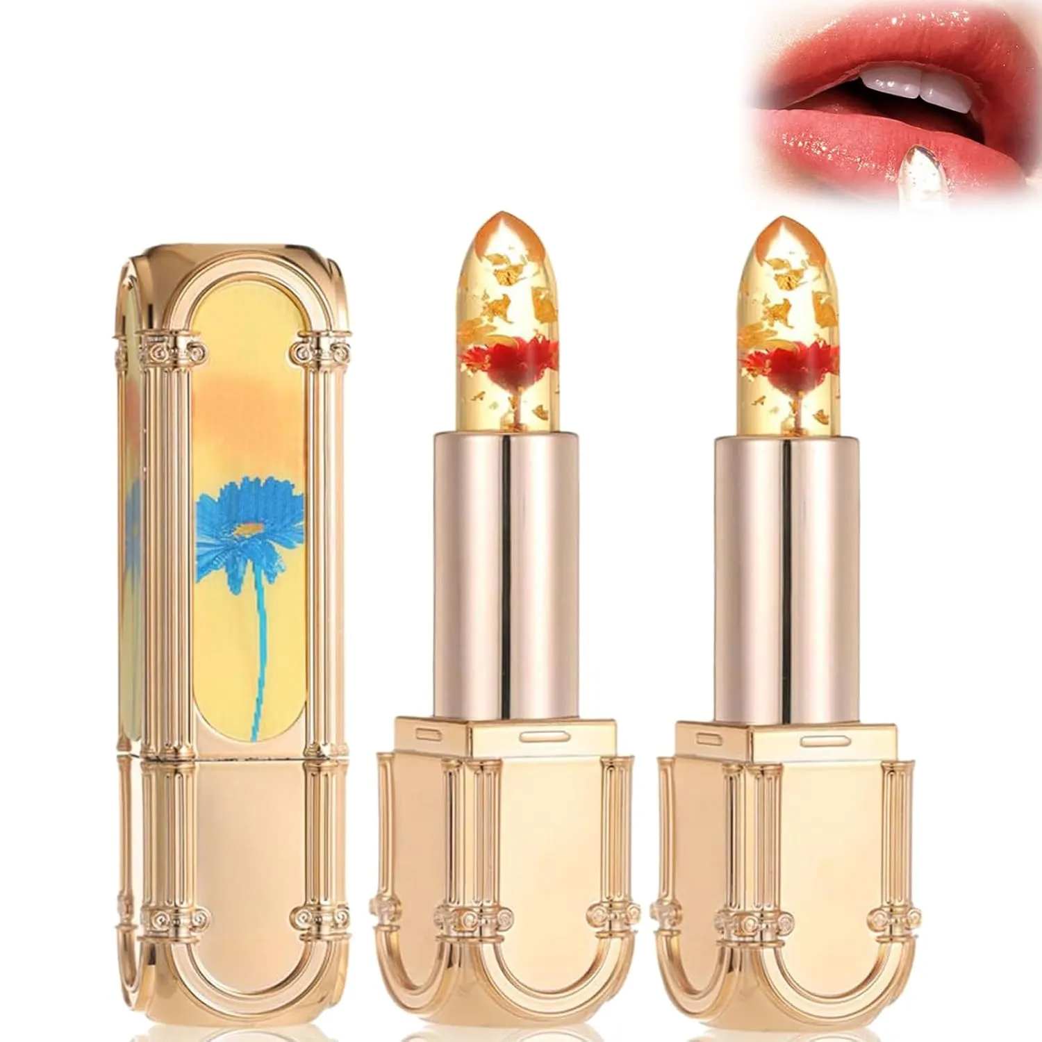 Flower Color Changing Lipstick, Yulyoie Lipstick, Gold Foil Flower Color Changing Lipstick, Color Changing Lipstick, Crystal Jelly Flower Color Changing Lipstick (#02)