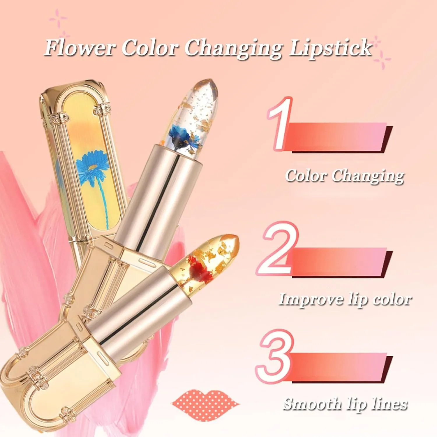 Flower Color Changing Lipstick, Yulyoie Lipstick, Gold Foil Flower Color Changing Lipstick, Color Changing Lipstick, Crystal Jelly Flower Color Changing Lipstick (#02)