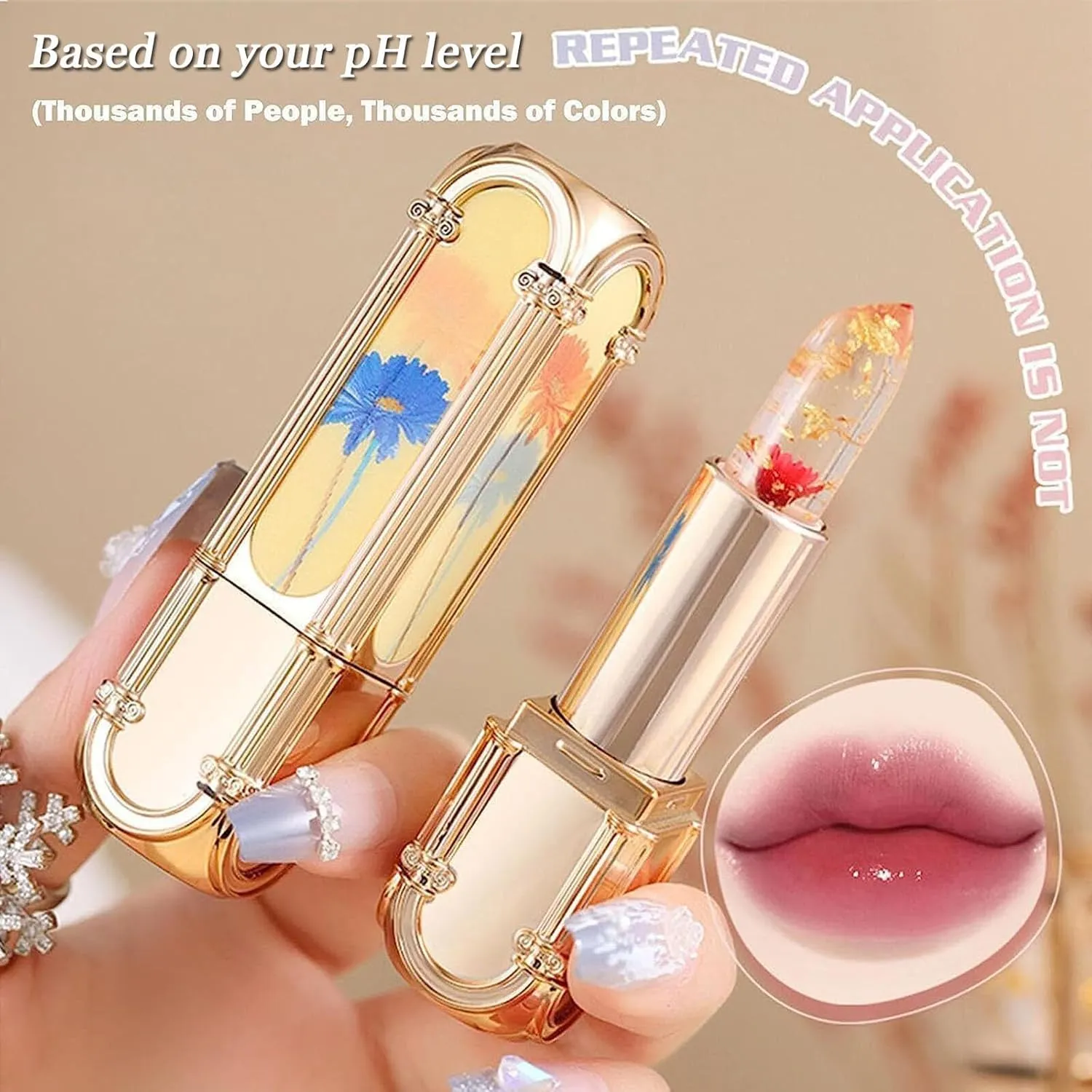 Flower Color Changing Lipstick, Yulyoie Lipstick, Gold Foil Flower Color Changing Lipstick, Color Changing Lipstick, Crystal Jelly Flower Color Changing Lipstick (#02)