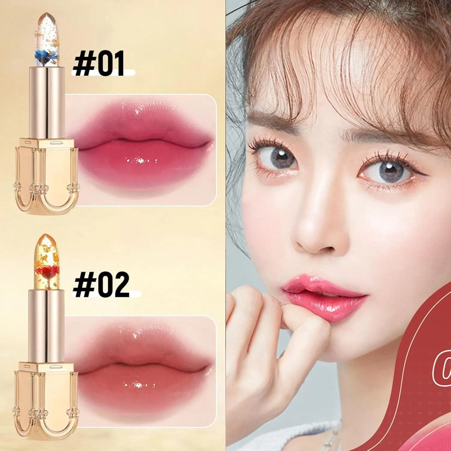 Flower Color Changing Lipstick, Yulyoie Lipstick, Gold Foil Flower Color Changing Lipstick, Color Changing Lipstick, Crystal Jelly Flower Color Changing Lipstick (#02)