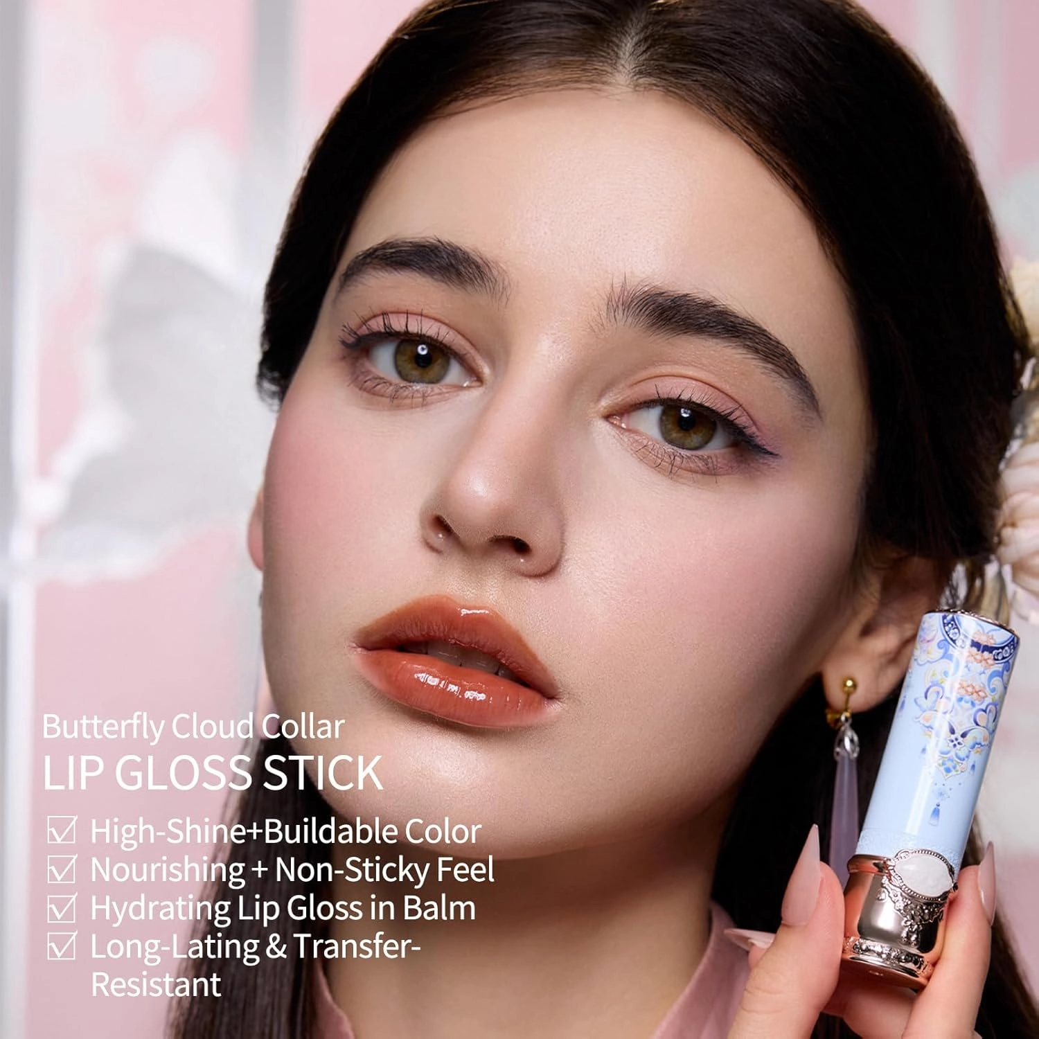 Flower Knows Butterfly Cloud Collar Glossy Lipstick,Hydrating Solid Lip Gloss,Moisturizing Nude Tinted Lip Balm,Long Lasting Lip Gloss in Balm for Girls&Women,Vegan & Cruelty-Free(C03 Sandalwood)
