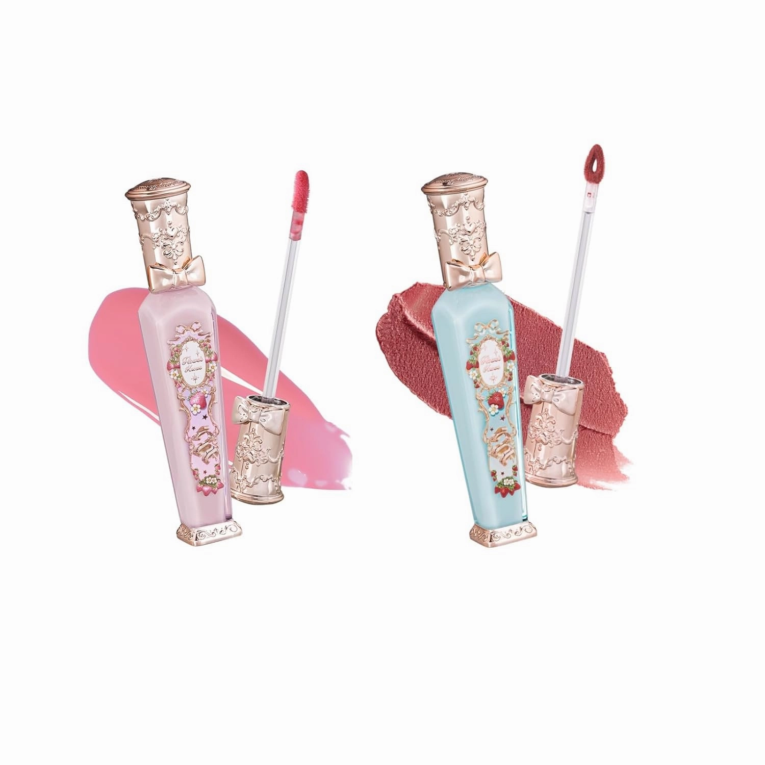 Flower Knows Strawberry Rococo Cloud Lip Cream Matte Liquid Lipstick S01 Violet Strawberry Rococo Glowy Lip Gloss G01 Set