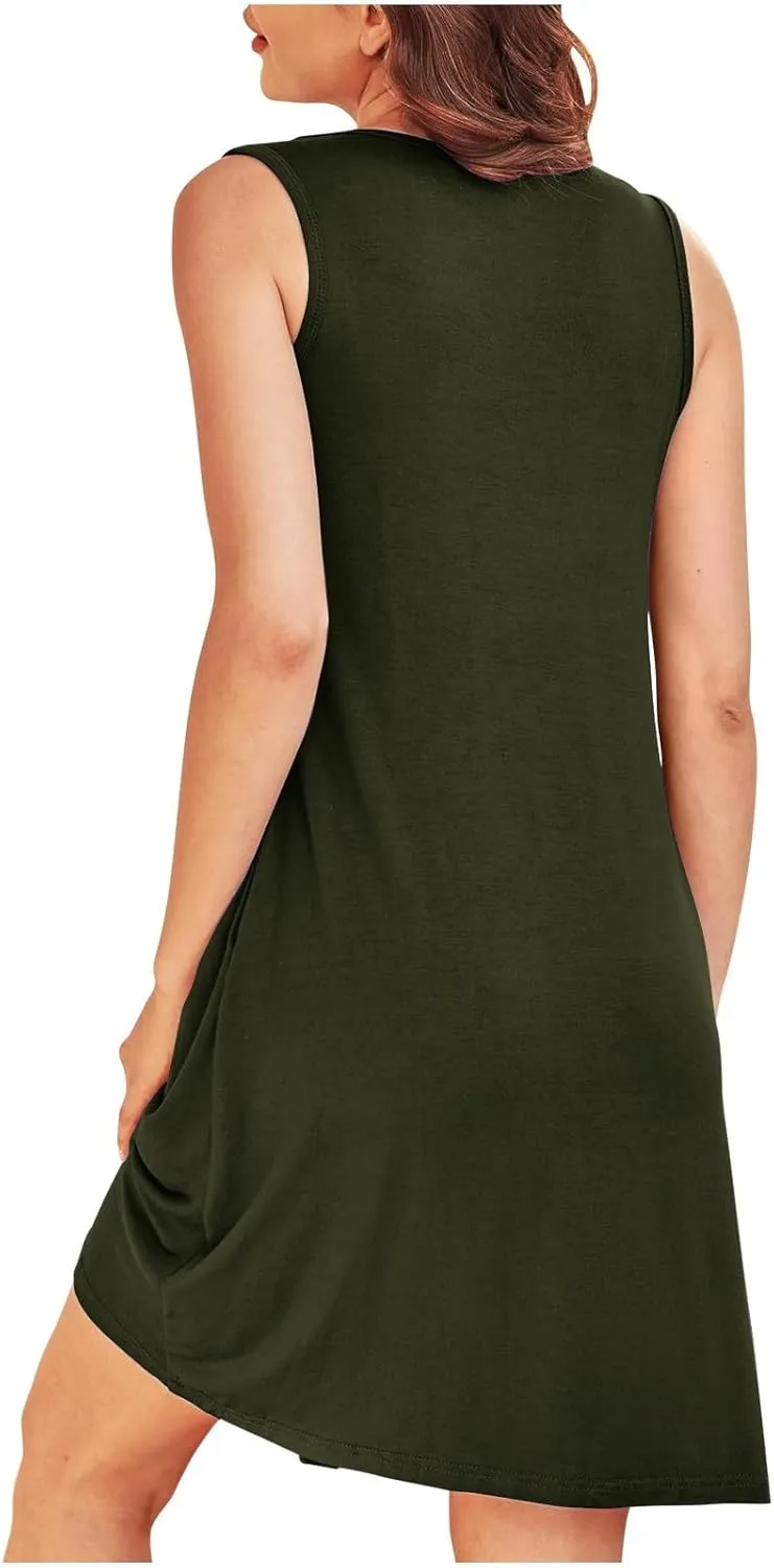 Flowy Dresses for Women Sleeveless Ruched Front T-Shirts Dress Halter Solid Casual Short Tank Sundress with Pockets