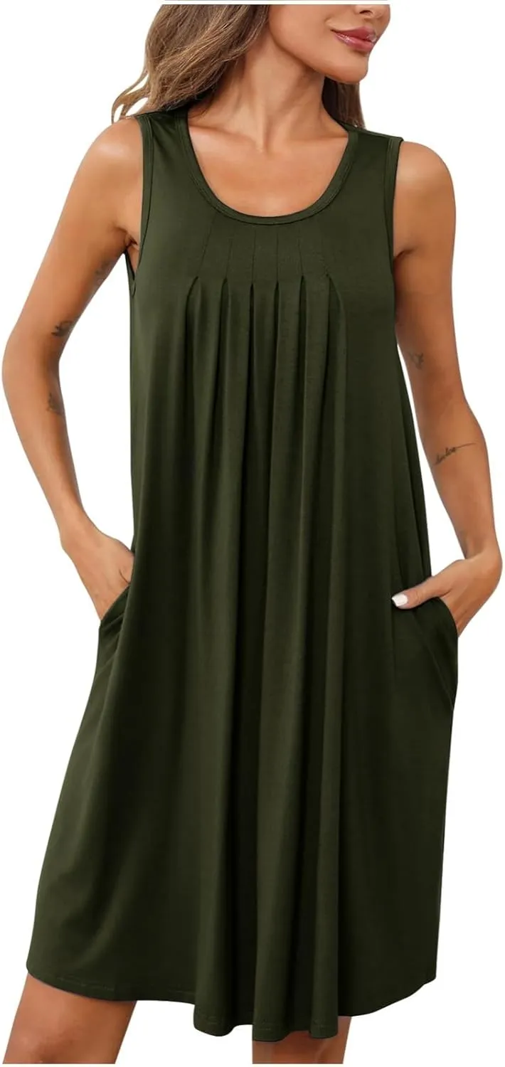 Flowy Dresses for Women Sleeveless Ruched Front T-Shirts Dress Halter Solid Casual Short Tank Sundress with Pockets